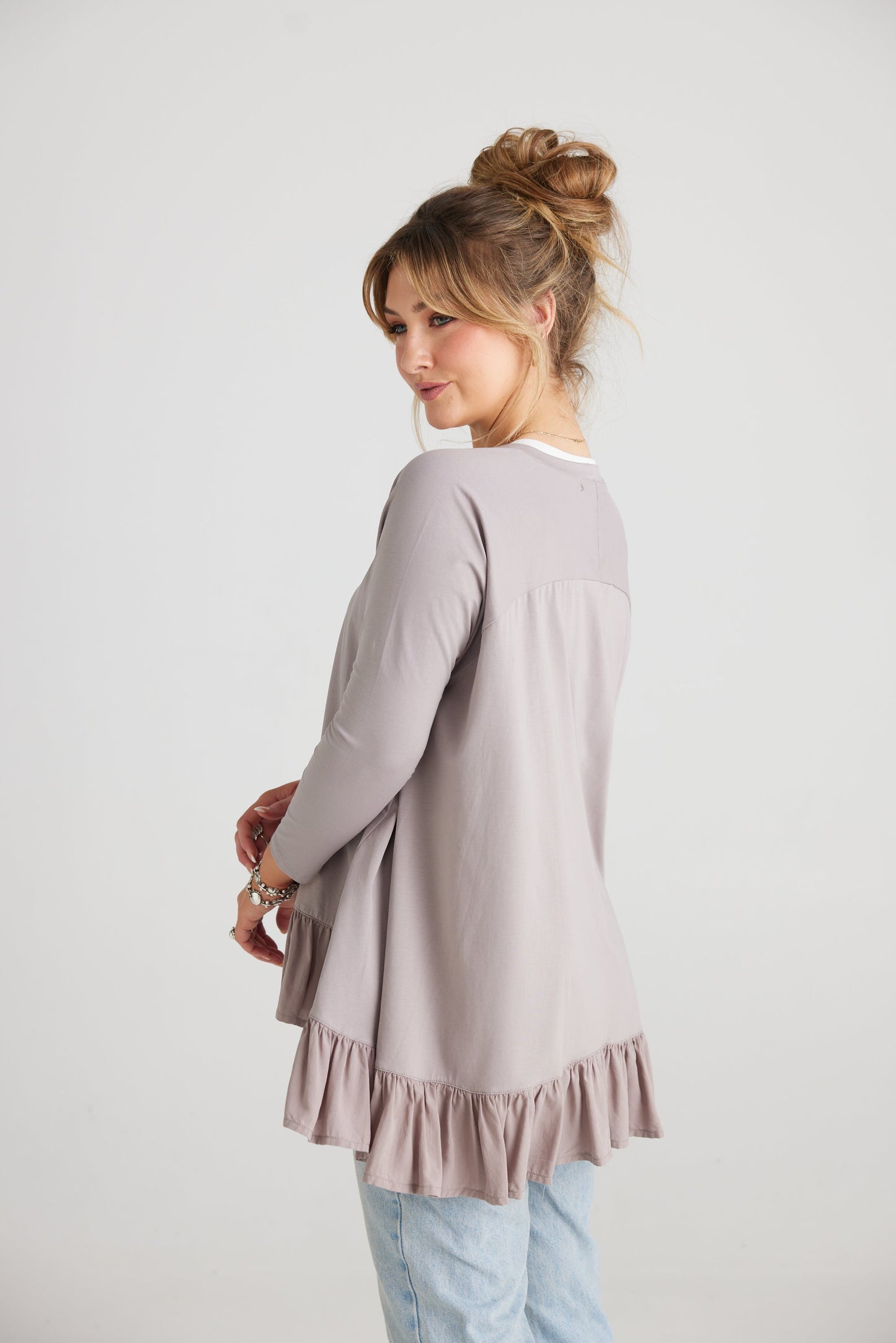 Ruby Ruffle Top. Dove Grey