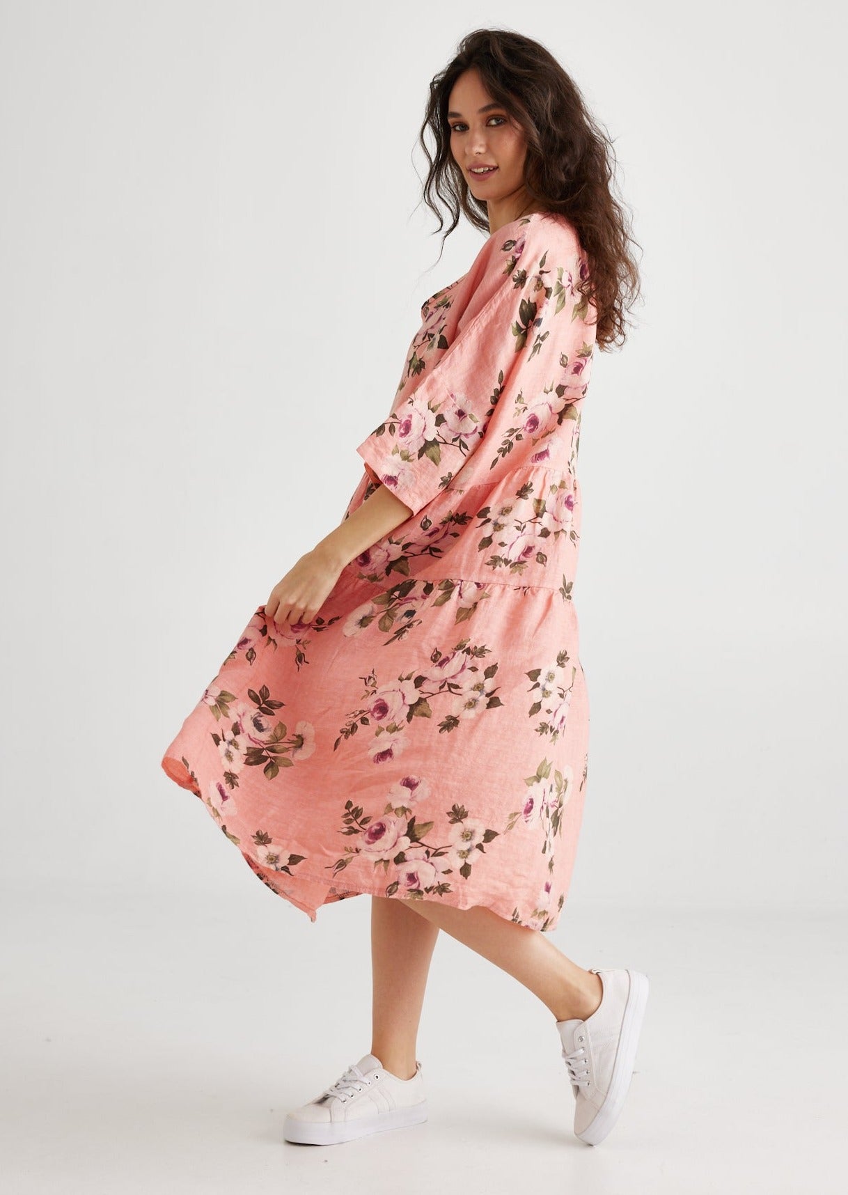 Stella floral linen dress. Shell Pink