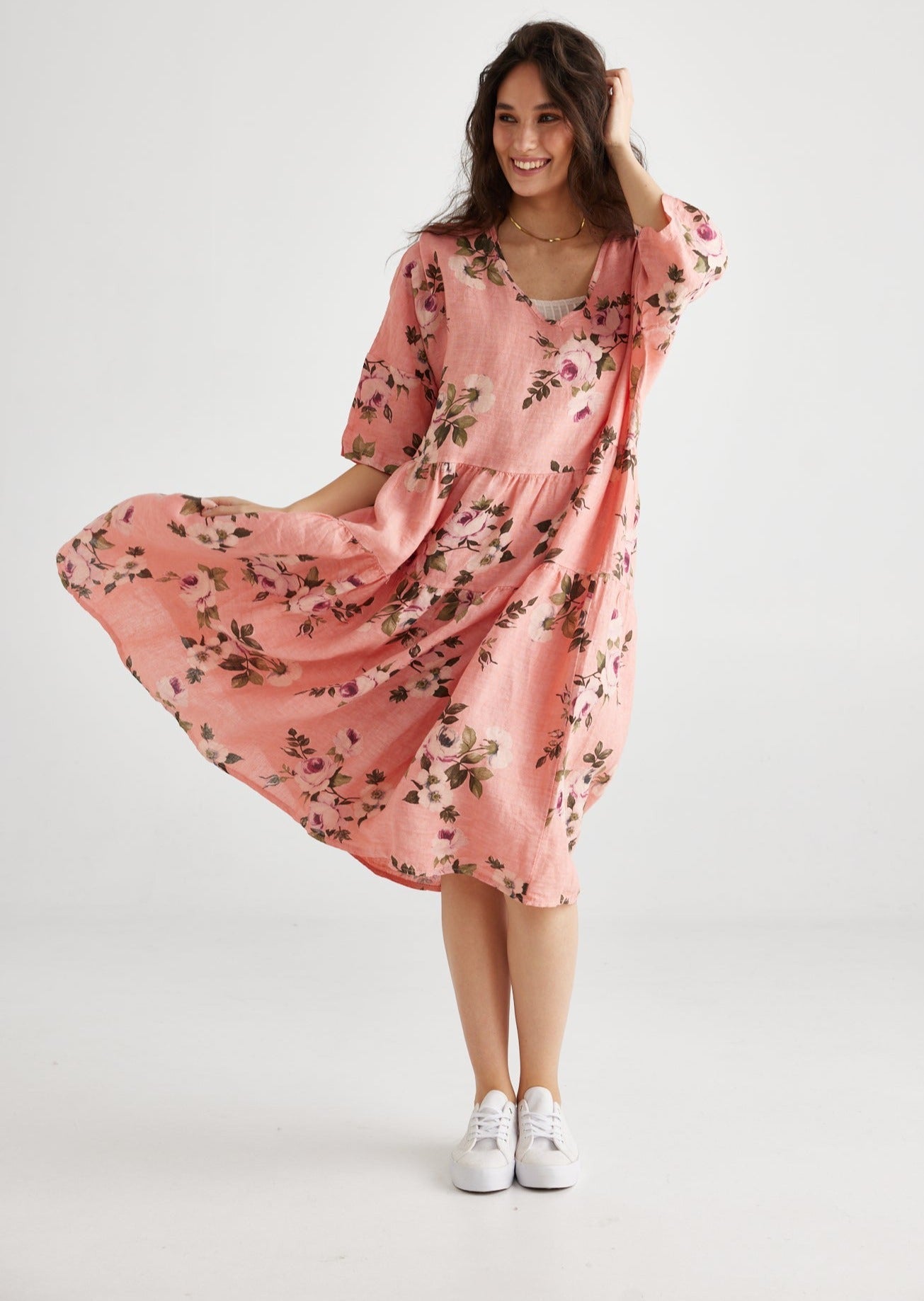 Stella floral linen dress. Shell Pink