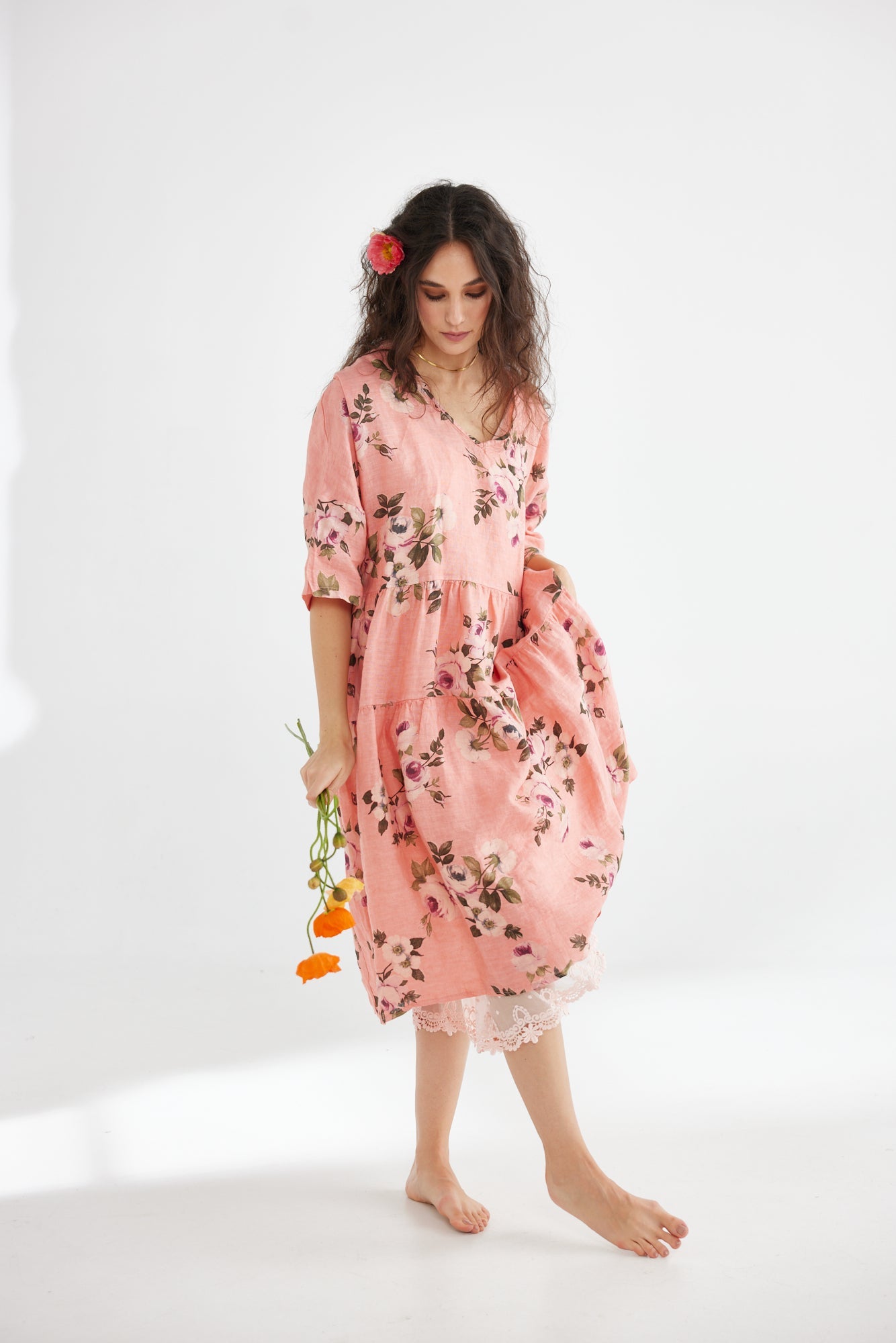 Stella floral linen dress. Shell Pink