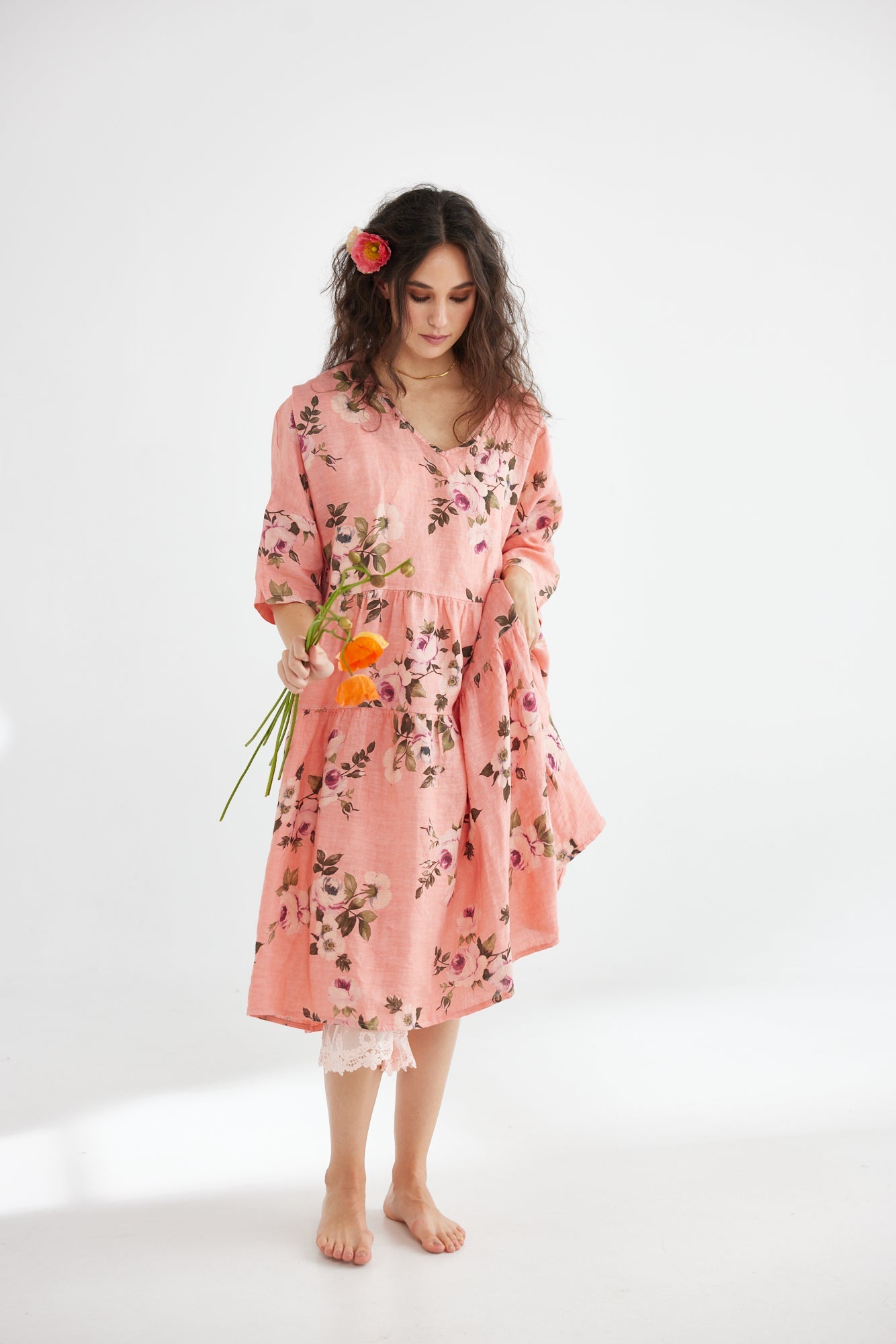 Stella floral linen dress. Shell Pink