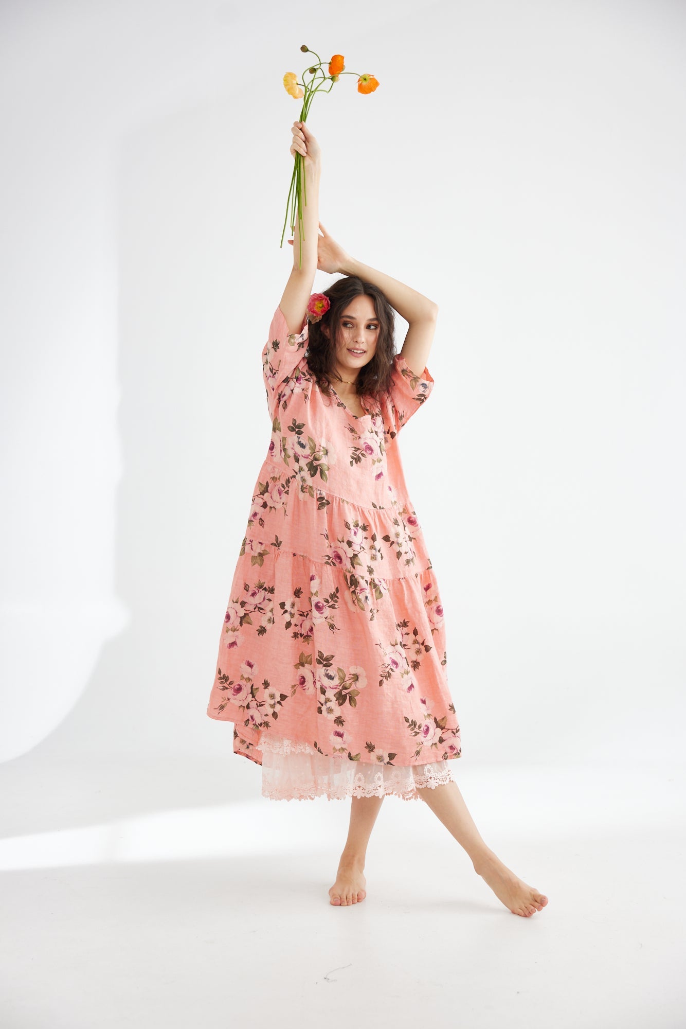 Stella floral linen dress. Shell Pink