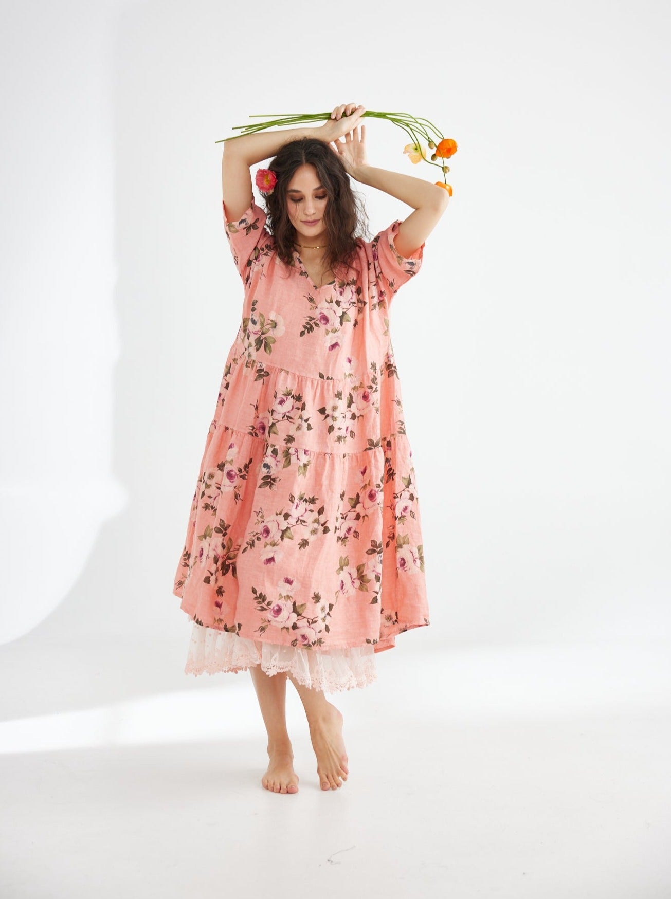 Stella floral linen dress. Shell Pink