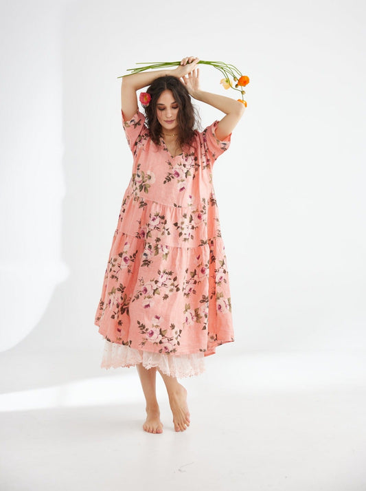 Stella floral linen dress. Shell Pink