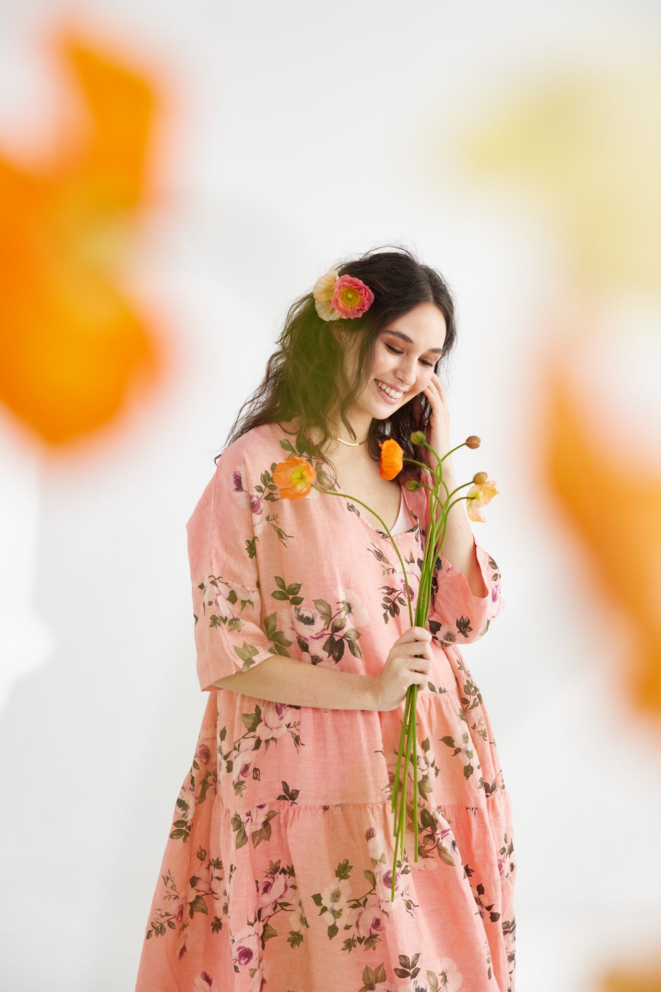 Stella floral linen dress. Shell Pink