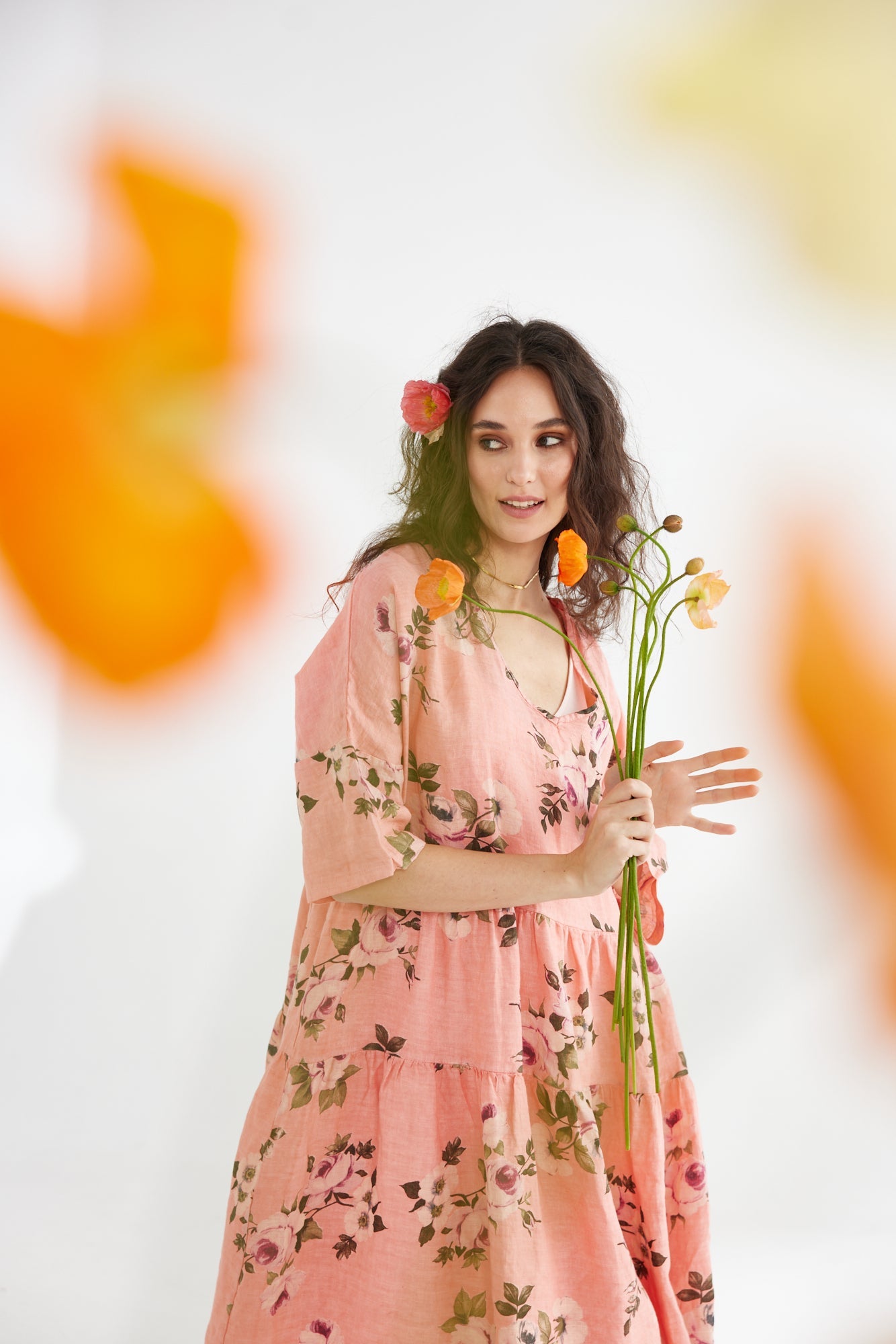 Stella floral linen dress. Shell Pink