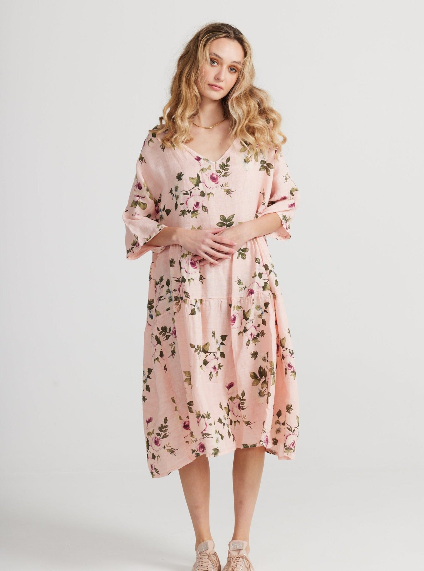 Stella floral linen dress. Blush Rose