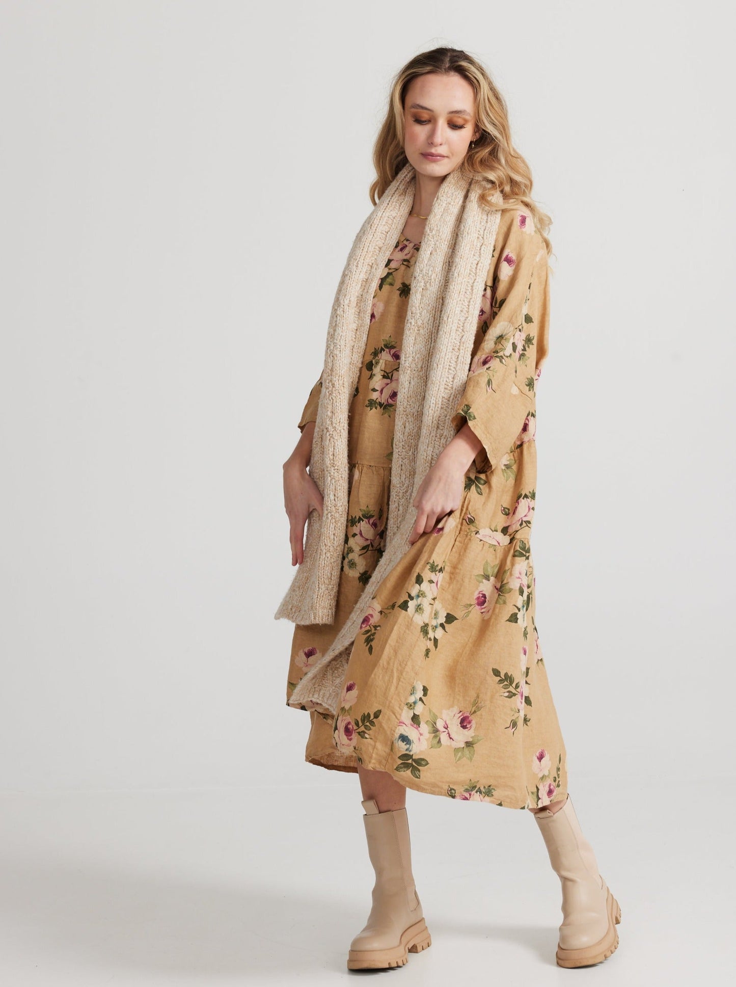 Stella floral linen dress. Caramel