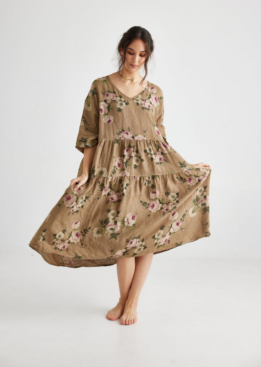 Stella floral linen dress. Olive Branch Rose