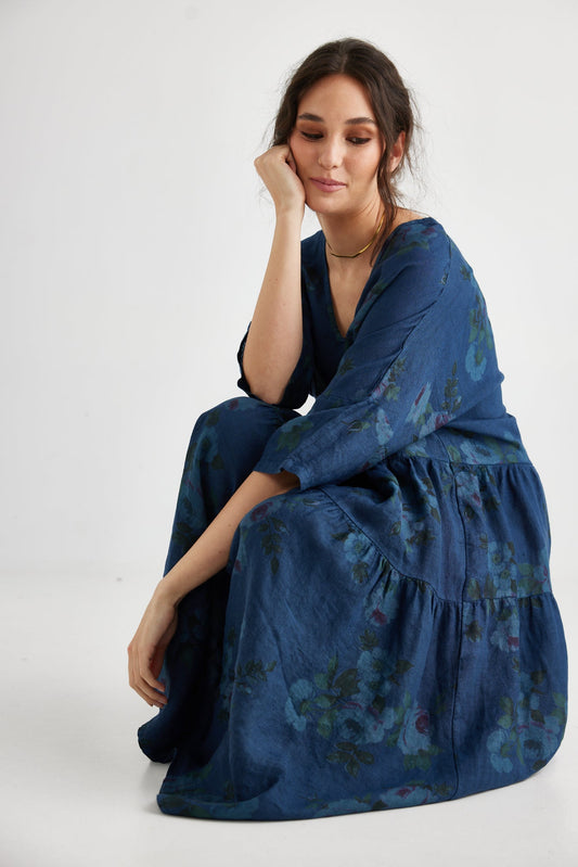 Stella floral linen dress. Midnight Blue Rose