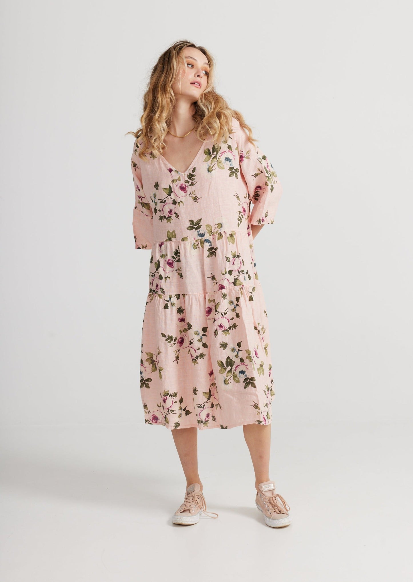 Stella floral linen dress. Blush Rose