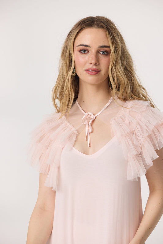Tulle faerie cape ruffled collar. pale blush