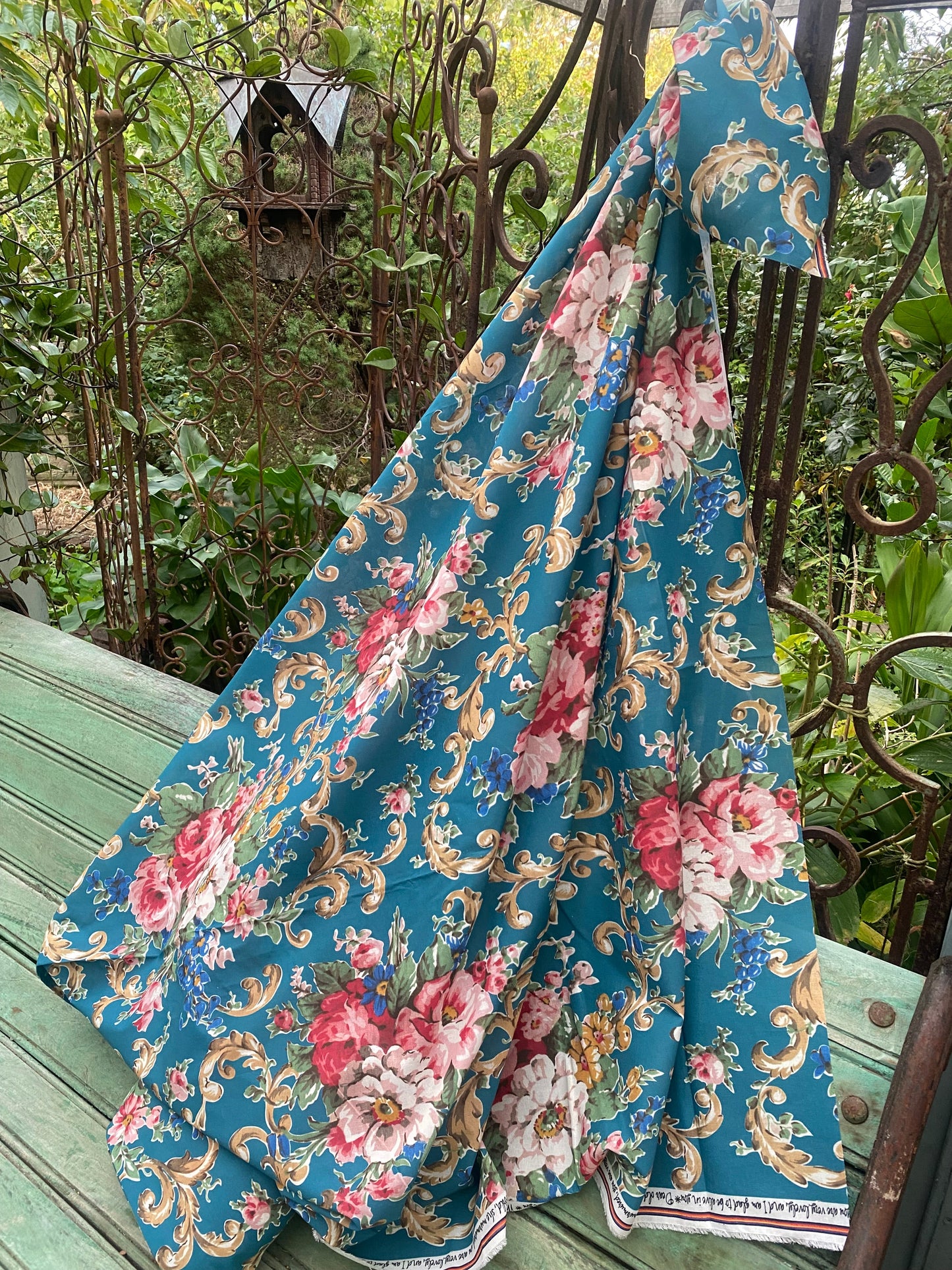 Poetry of Flowers Fabric Collection. Madame Treacle`s Garden. Teal