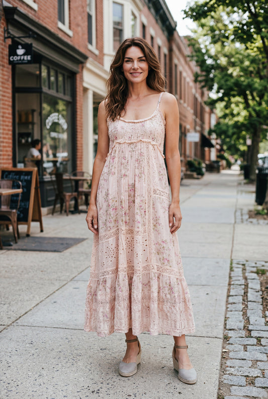 Madrigal Embroidered Floral & Lace maxi dress. Faded rose print.