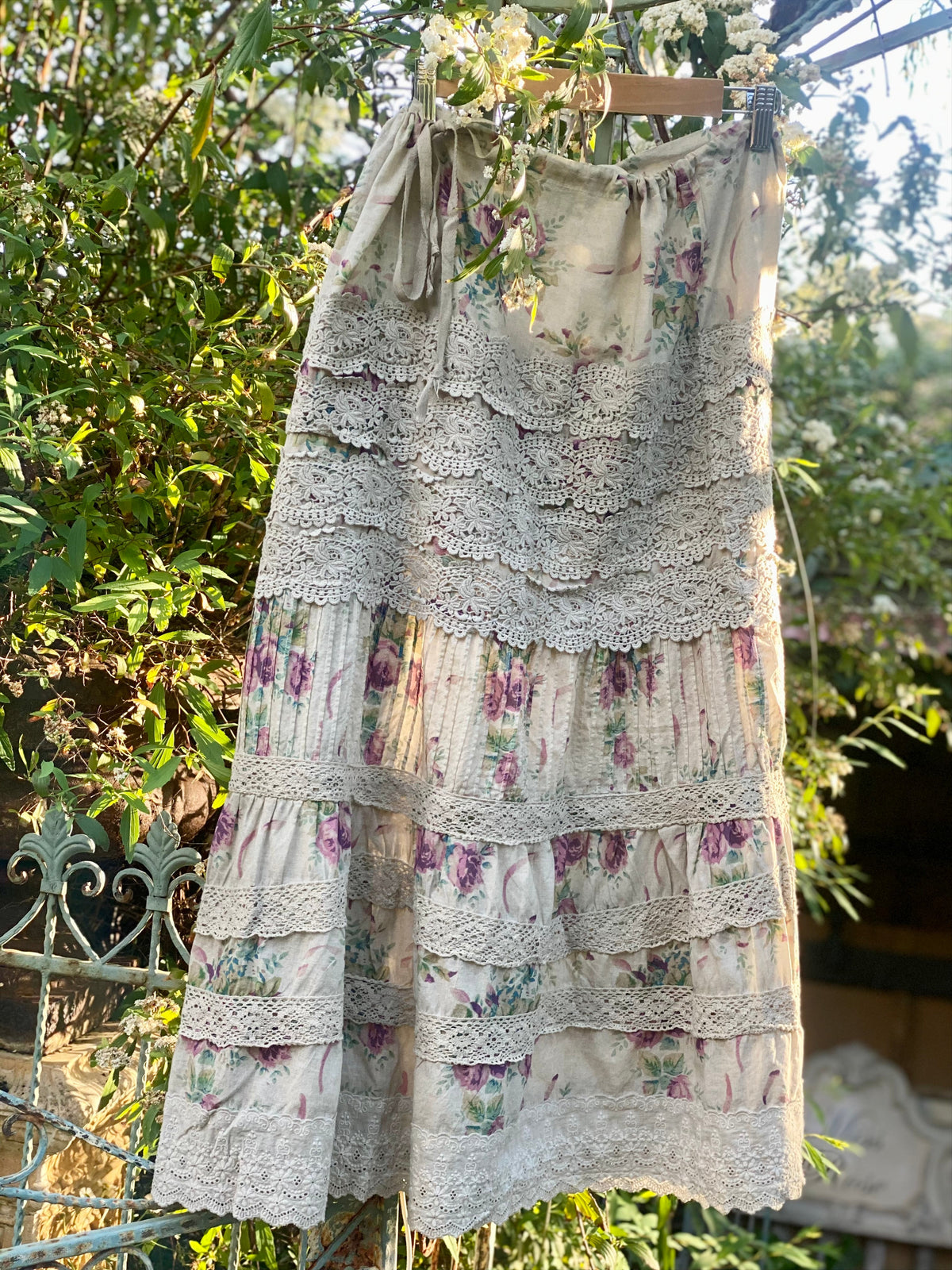 Beatrice Bloom floral cotton and vintage lace skirt.  Lilac Rose.