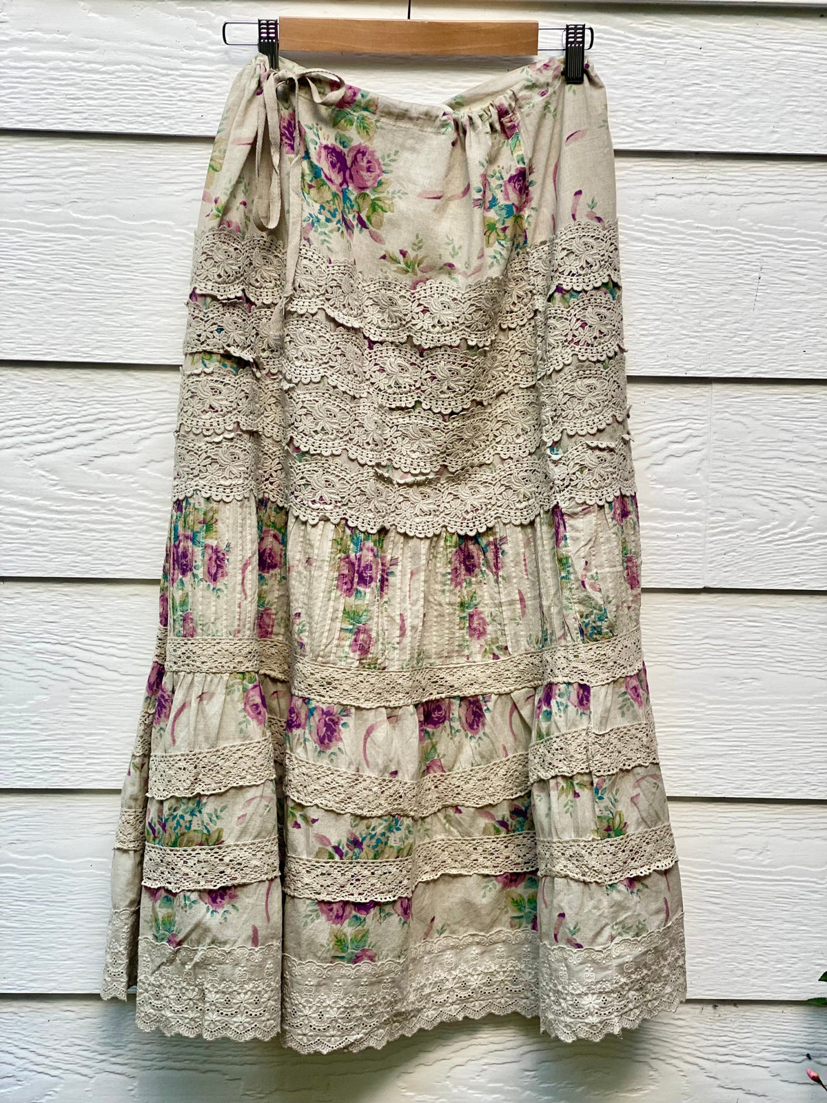Beatrice Bloom floral cotton and vintage lace skirt.  Lilac Rose.