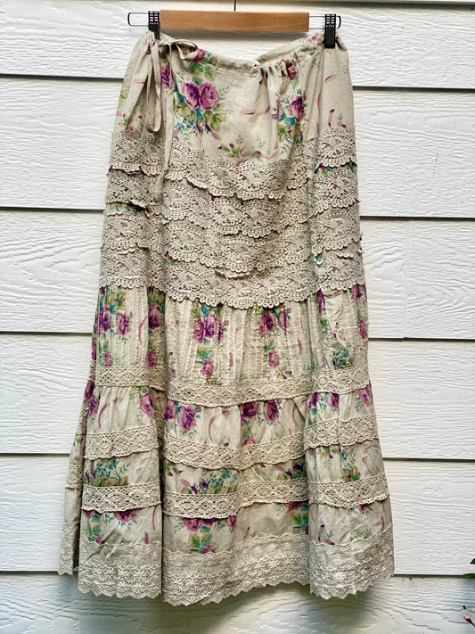 Beatrice Bloom floral cotton and vintage lace skirt.  Lilac Rose.