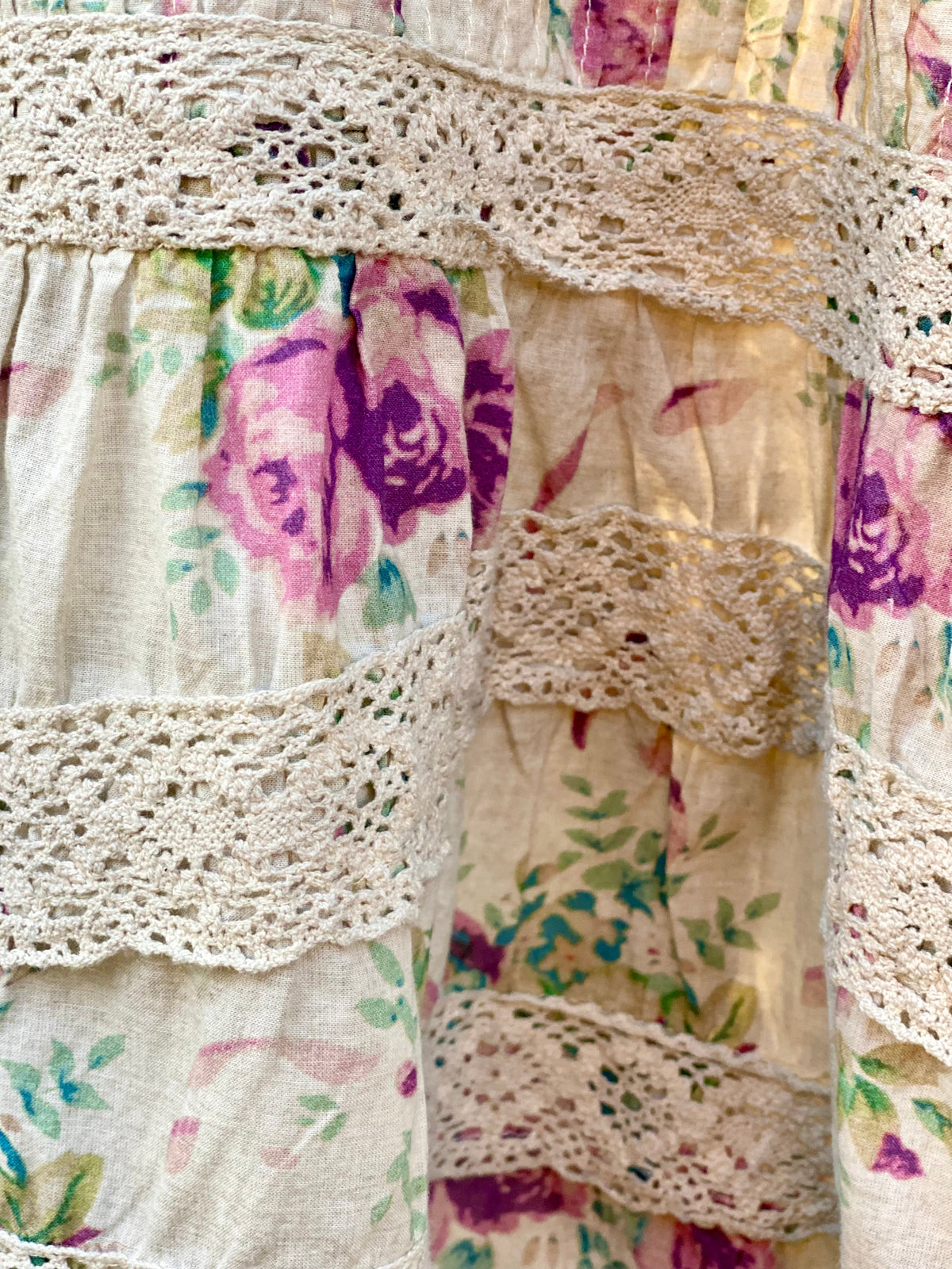 Beatrice Bloom floral cotton and vintage lace skirt.  Lilac Rose.