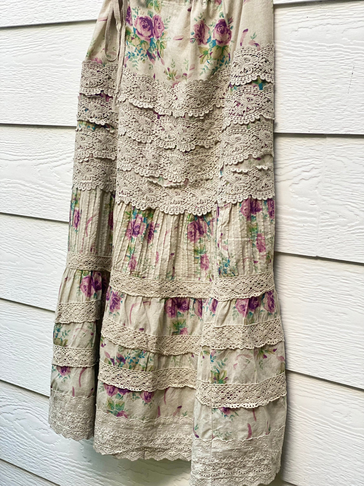 Beatrice Bloom floral cotton and vintage lace skirt.  Lilac Rose.