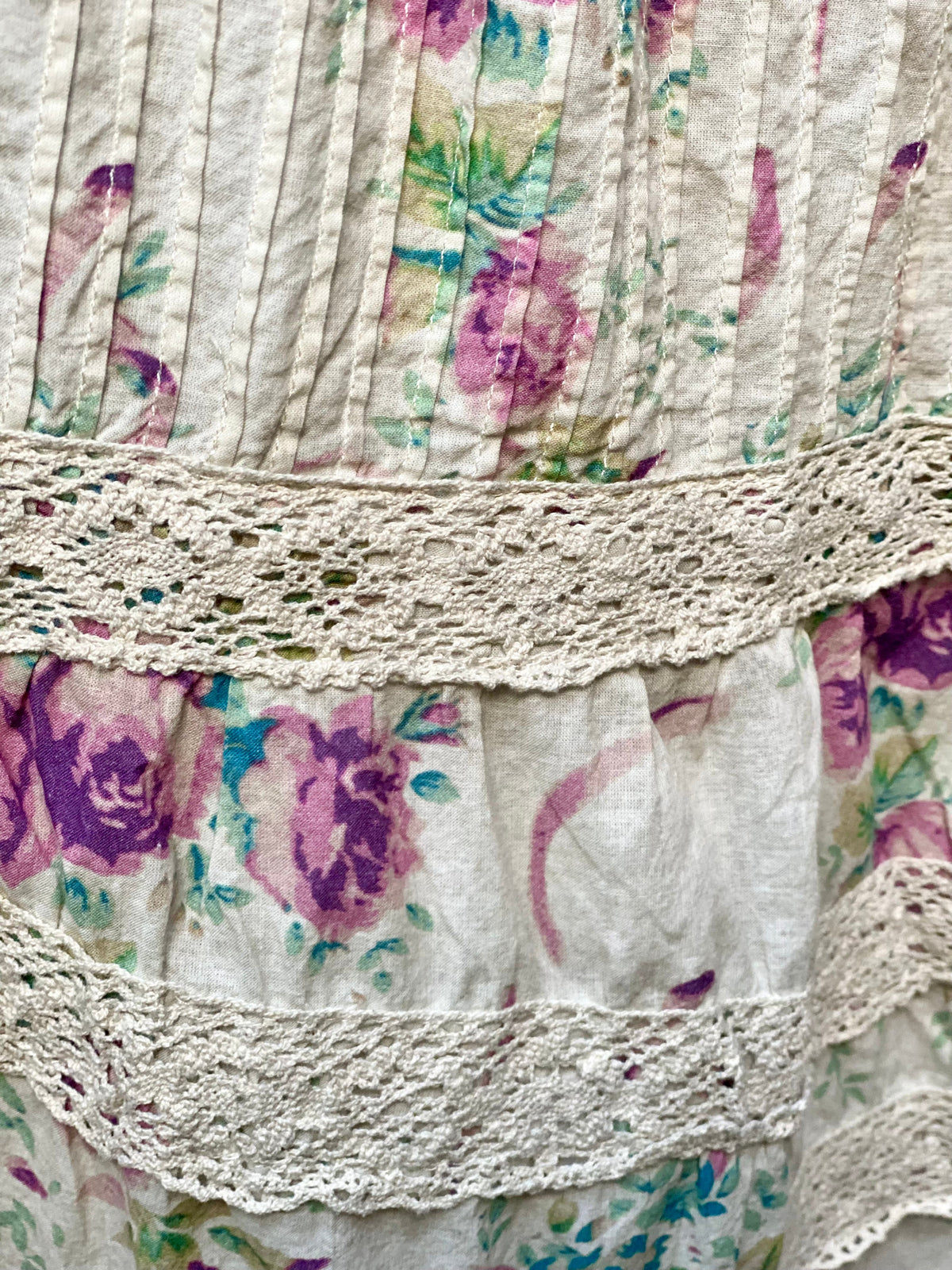 Beatrice Bloom floral cotton and vintage lace skirt.  Lilac Rose.