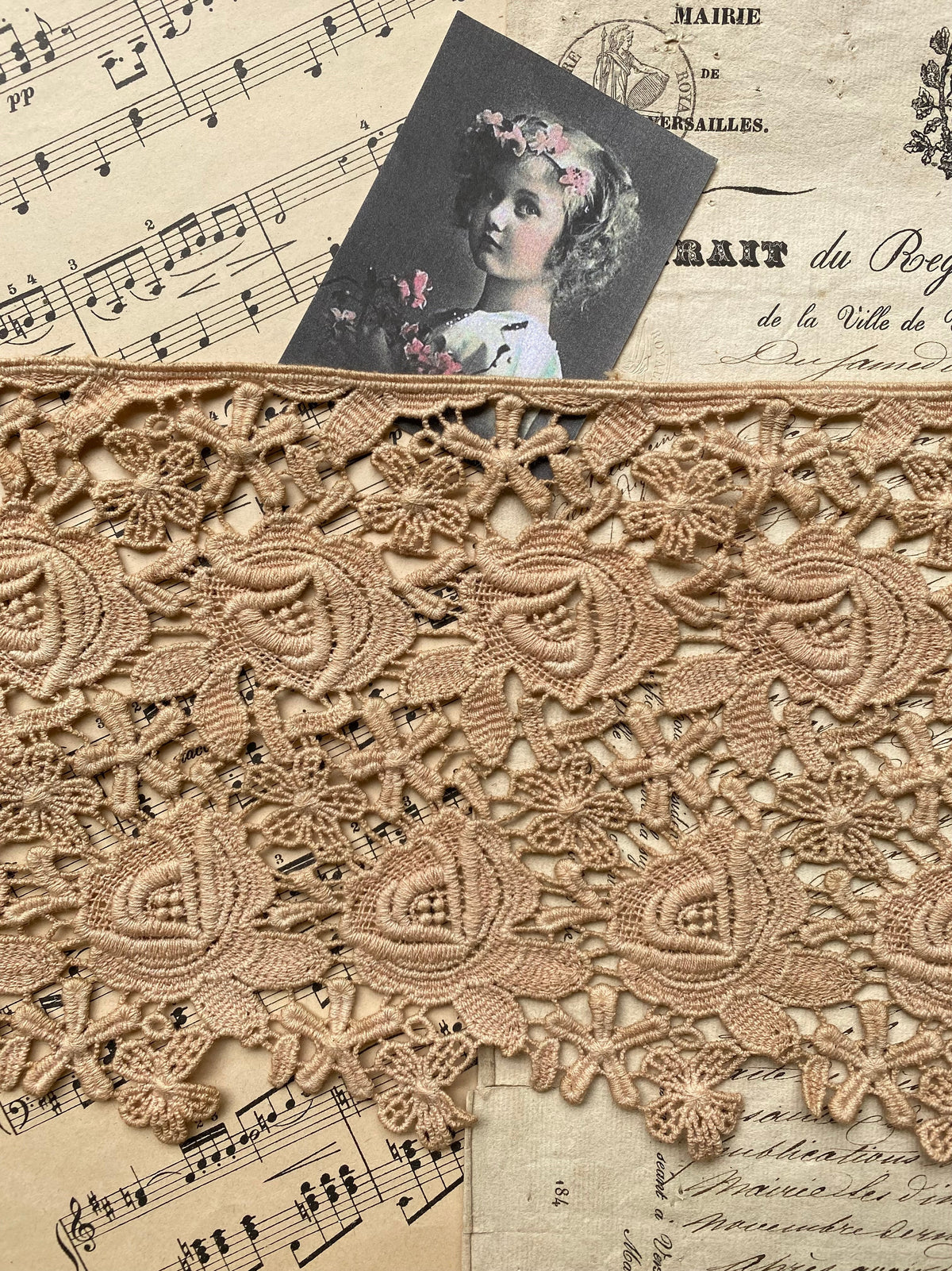 Vintage cotton rose lace. Golden Tea dye - 10 metre length