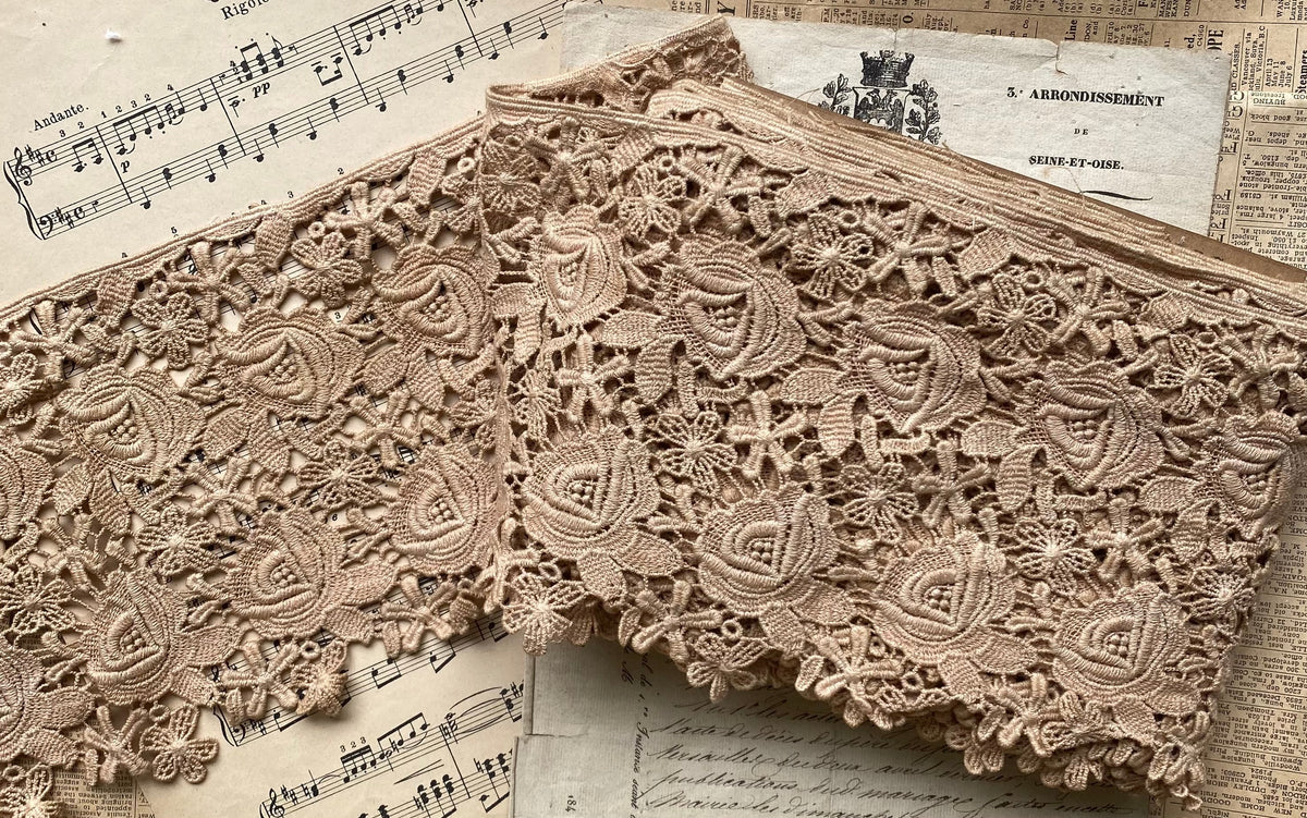Vintage cotton rose lace. Golden Tea dye - 10 metre length