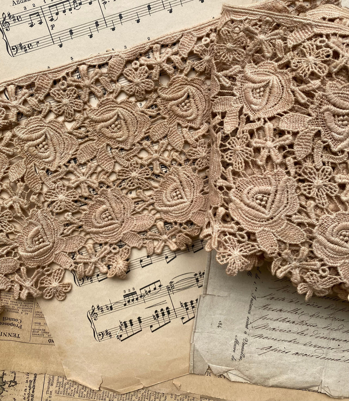 Vintage cotton rose lace. Golden Tea dye - 10 metre length