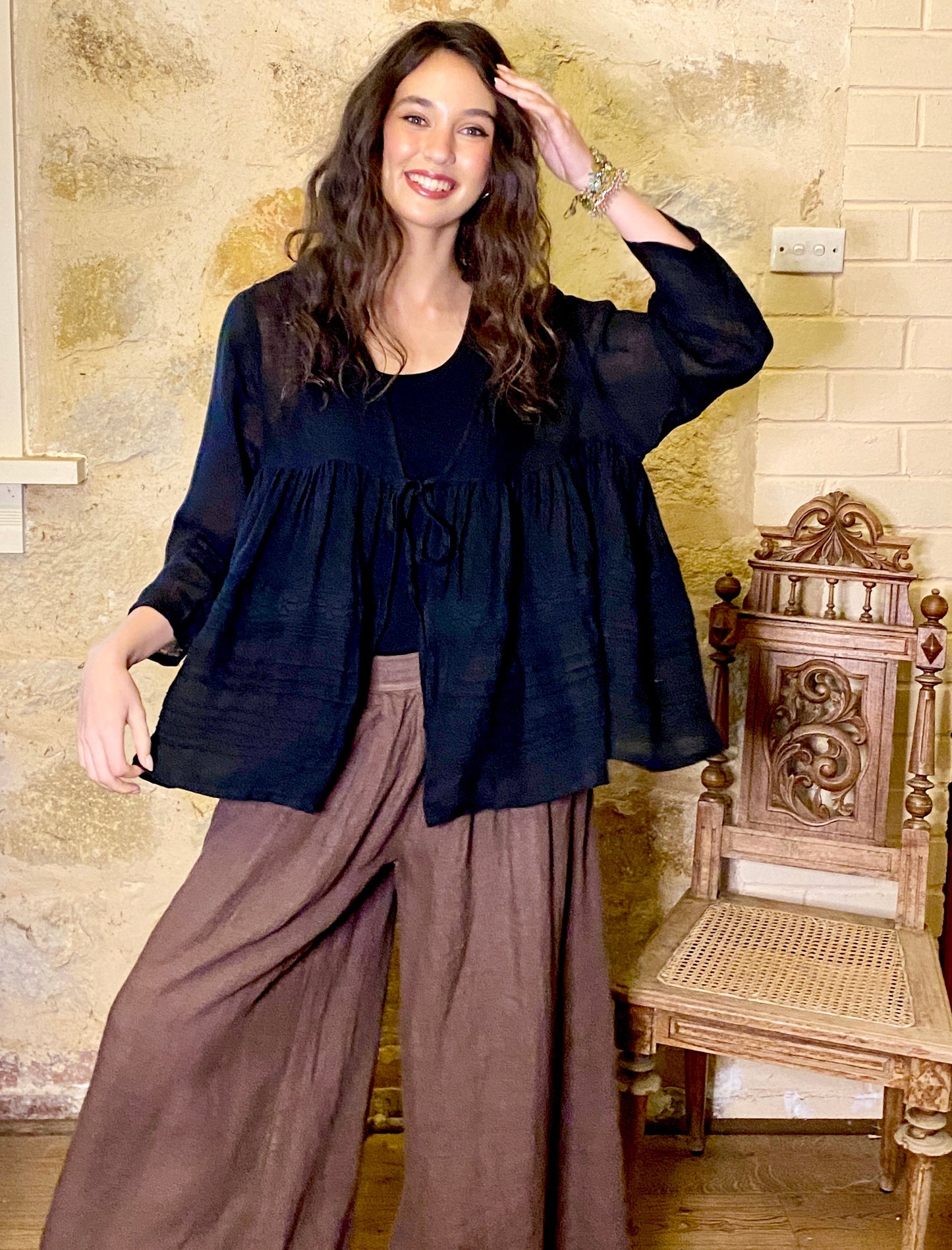 Elodie short Linen gauze and lace jacket. Licorice
