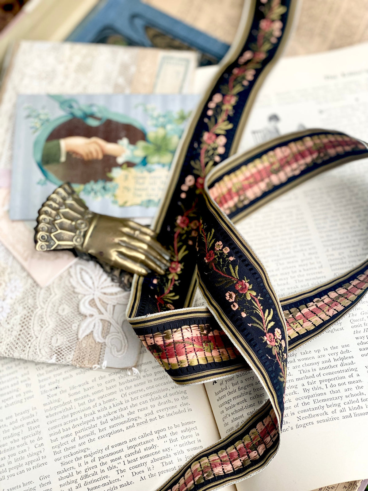 Vintage French Ribbon trim. Black floral - 10 metre length