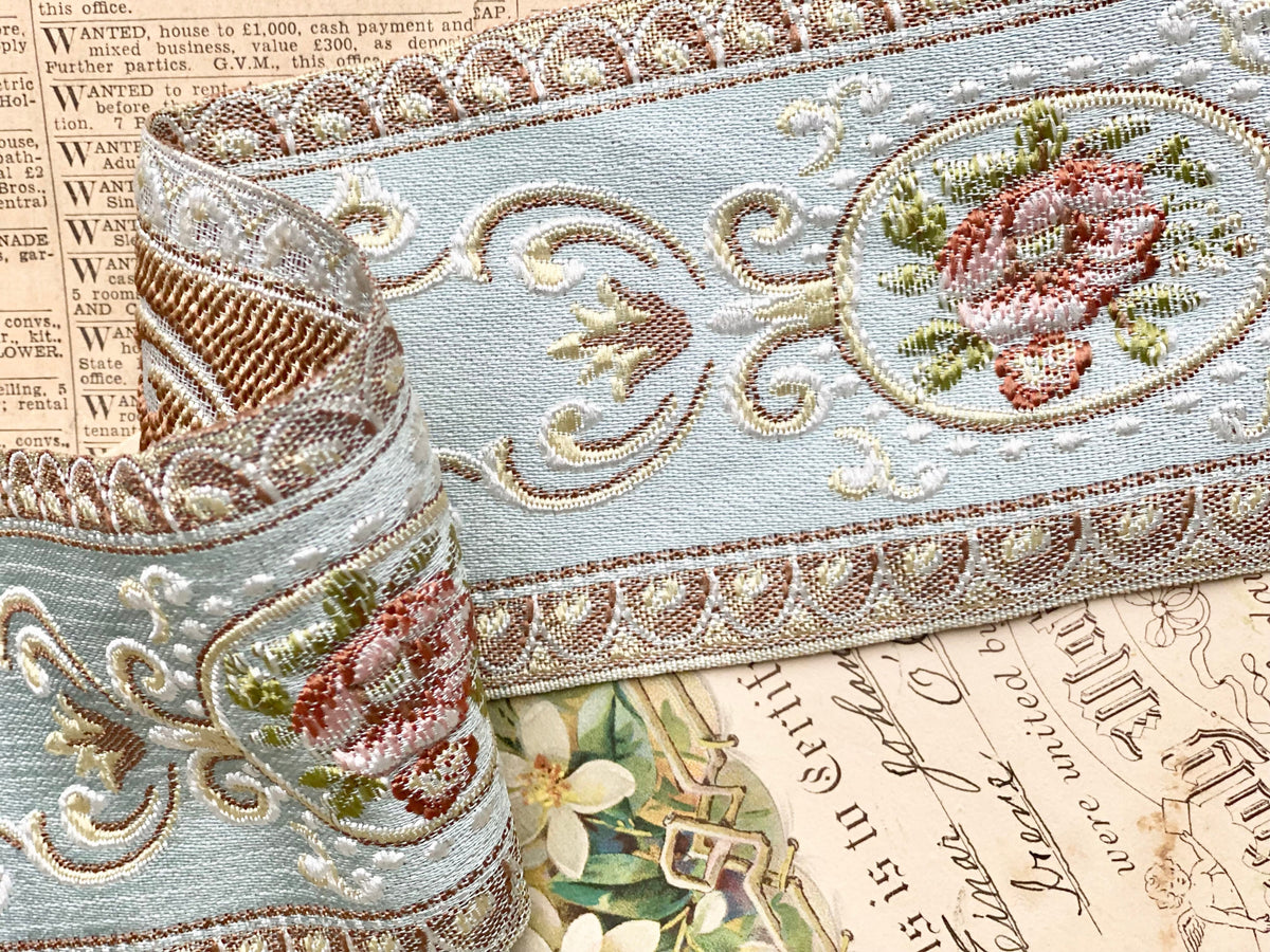 Vintage French Ribbon trim. Pastel Blue - 10 metre length