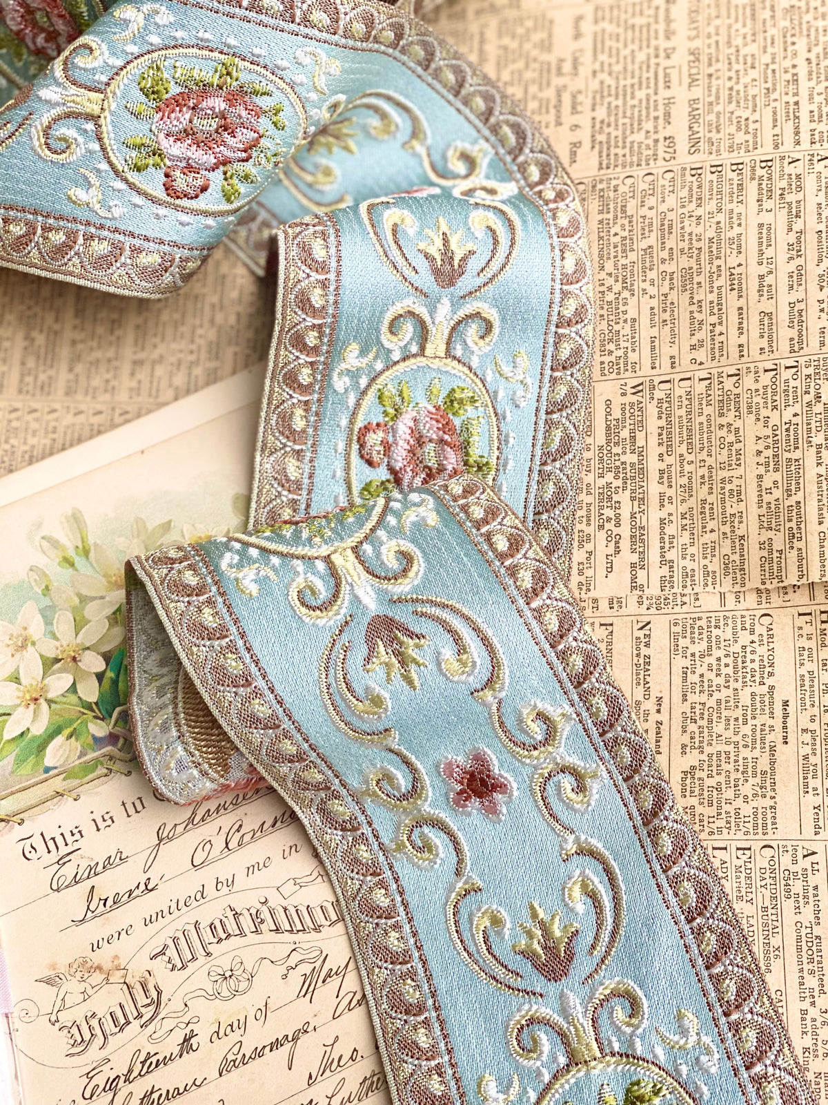Vintage French Ribbon trim. Pastel Blue - 10 metre length