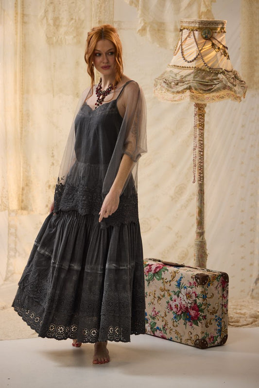 Chantilly sheer lace edged top. Mist