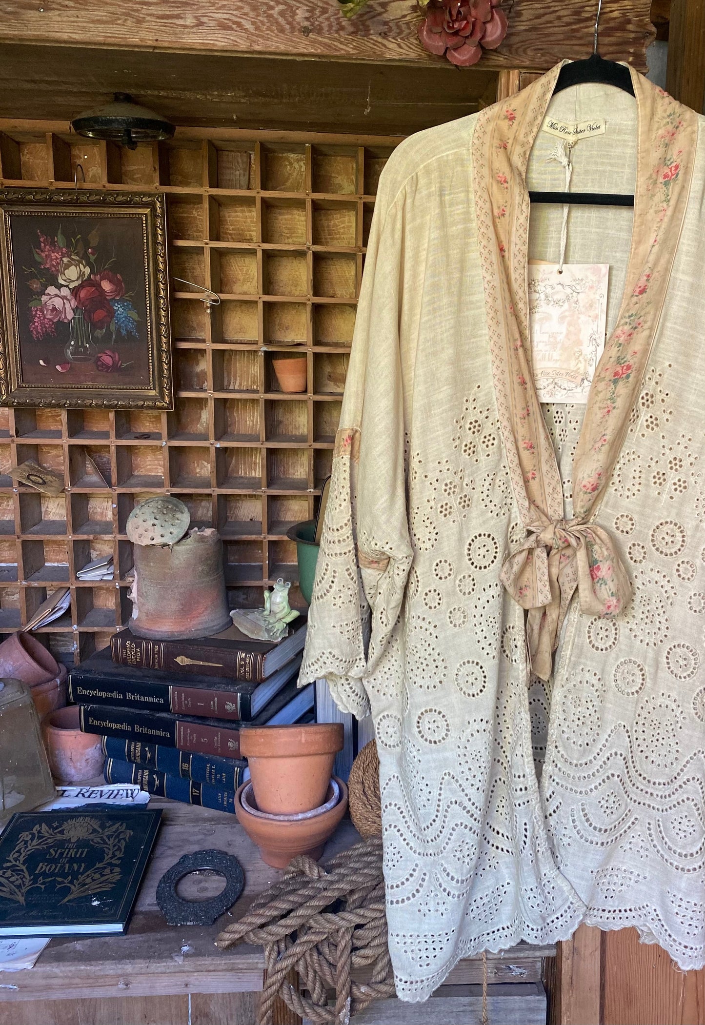 Columbine Linen + Cotton lace Kimono. Colour Stone with floral Petite de Fleurs fabric edging.