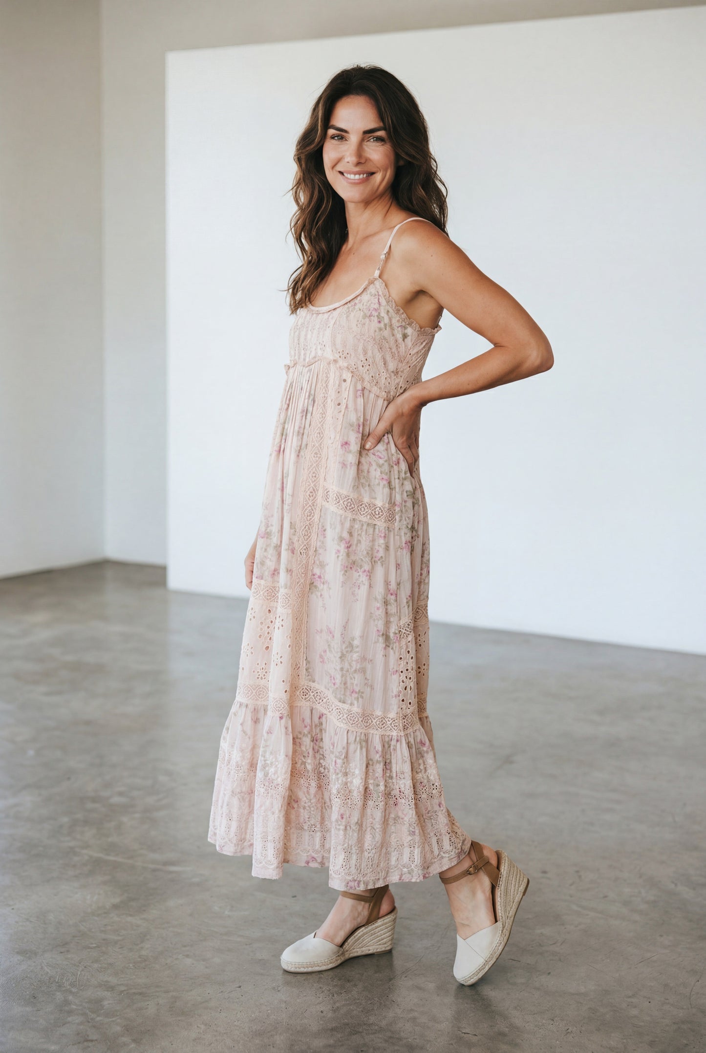 Madrigal Embroidered Floral & Lace maxi dress. Faded rose print.