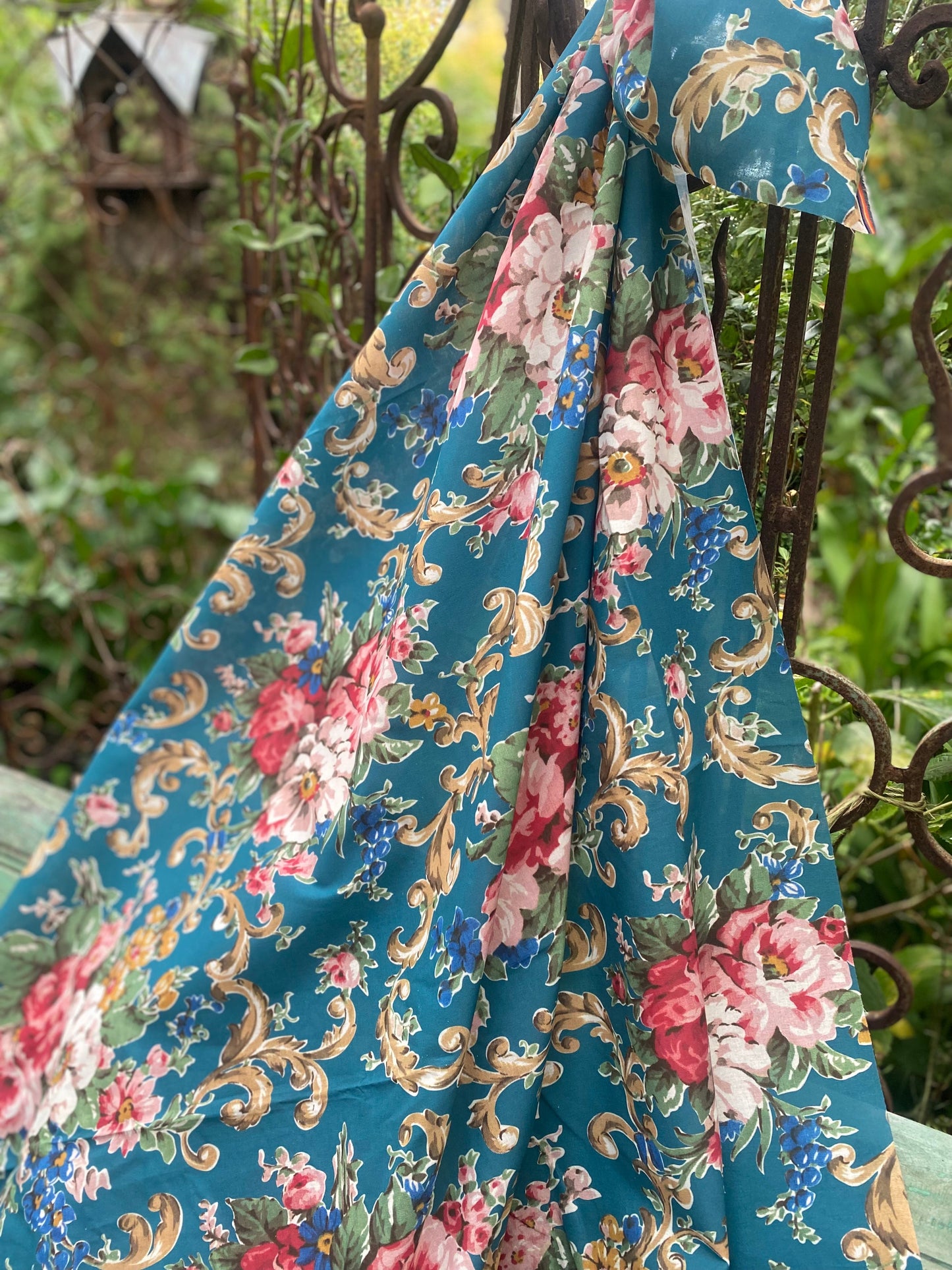 Poetry of Flowers Fabric Collection. Madame Treacle`s Garden. Teal