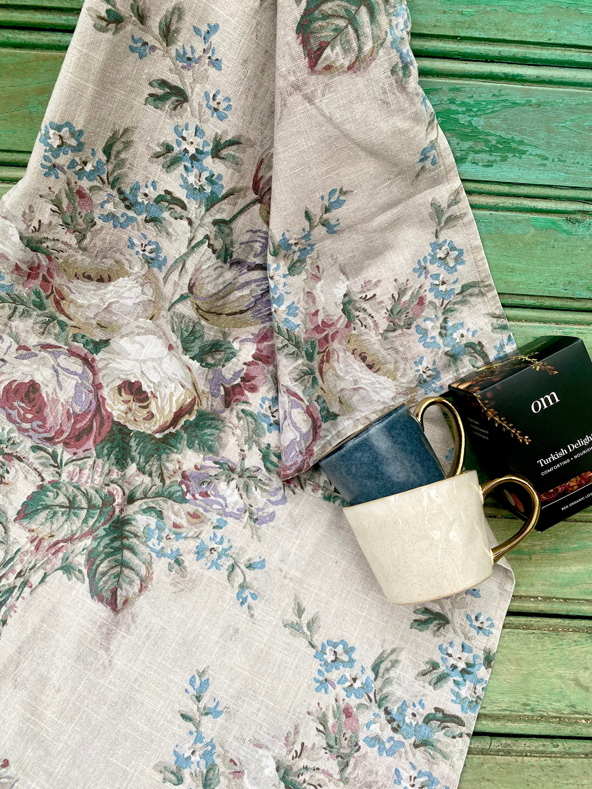 In Bloom Linen Teatowel. Faded Rose Bouquet