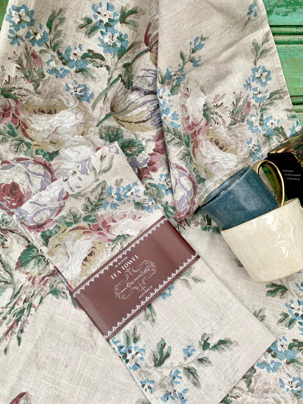 In Bloom Linen Teatowel. Faded Rose Bouquet