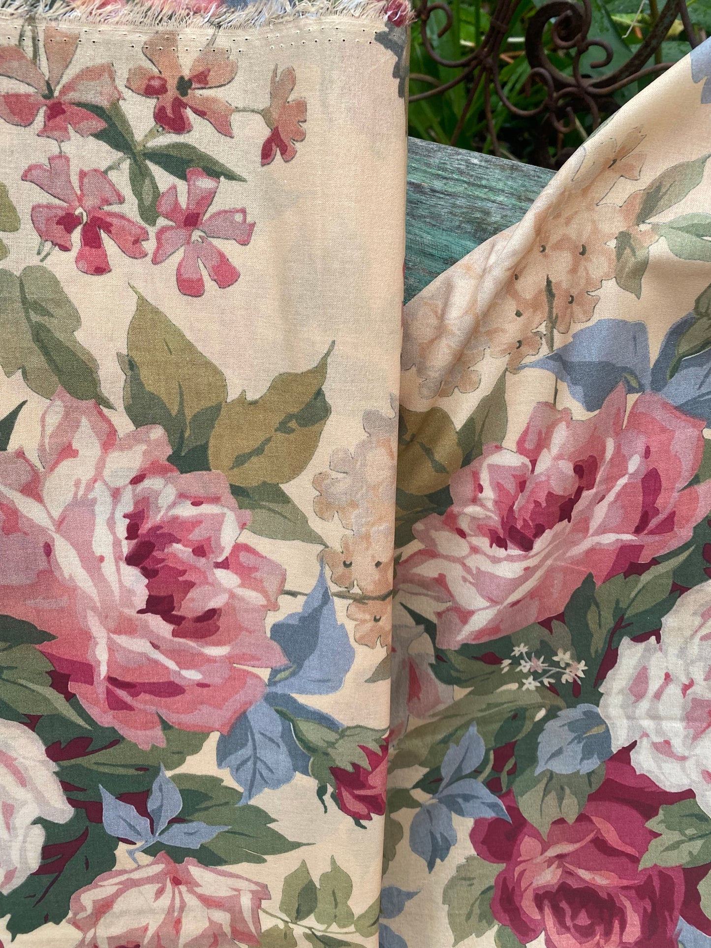 Poetry of Flowers Fabric Collection. Garden Party Rose Bouquet . Custard Cream background.