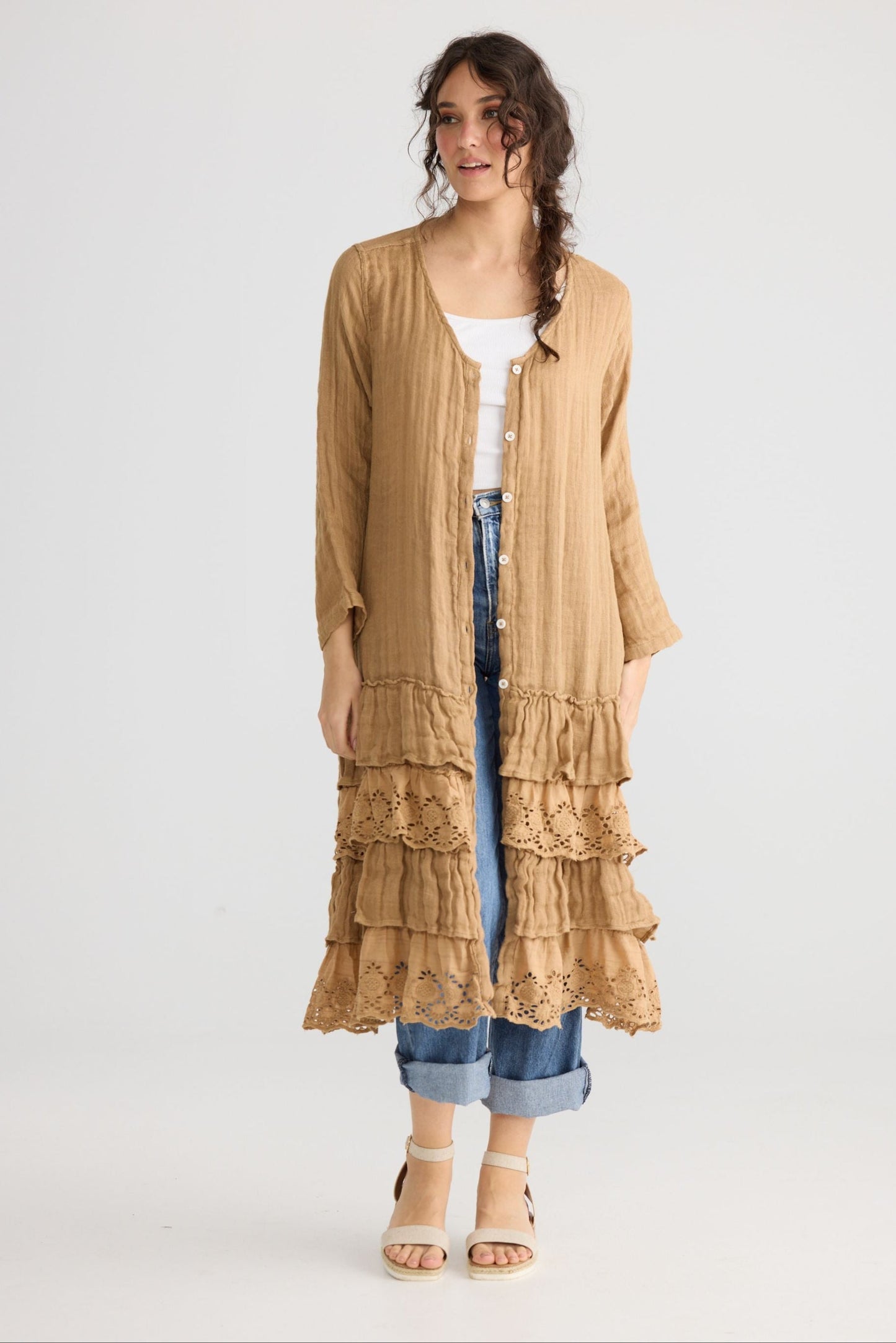 Florette Linen and lace coat. Tobacco