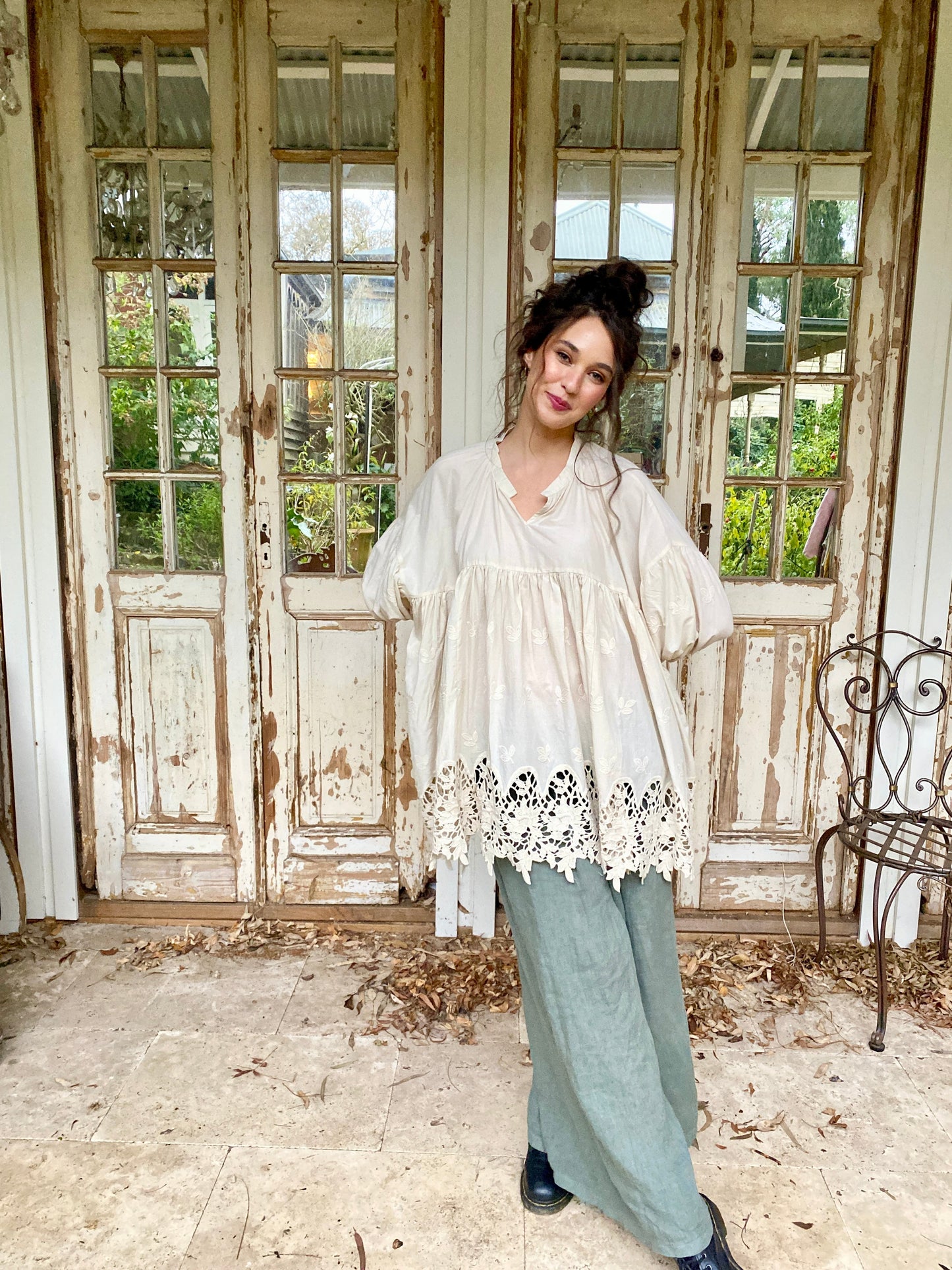 French lace smock. Stone