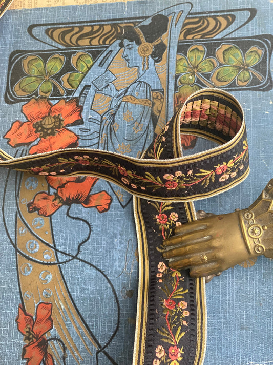 Vintage French Ribbon trim. Black floral - 10 metre length
