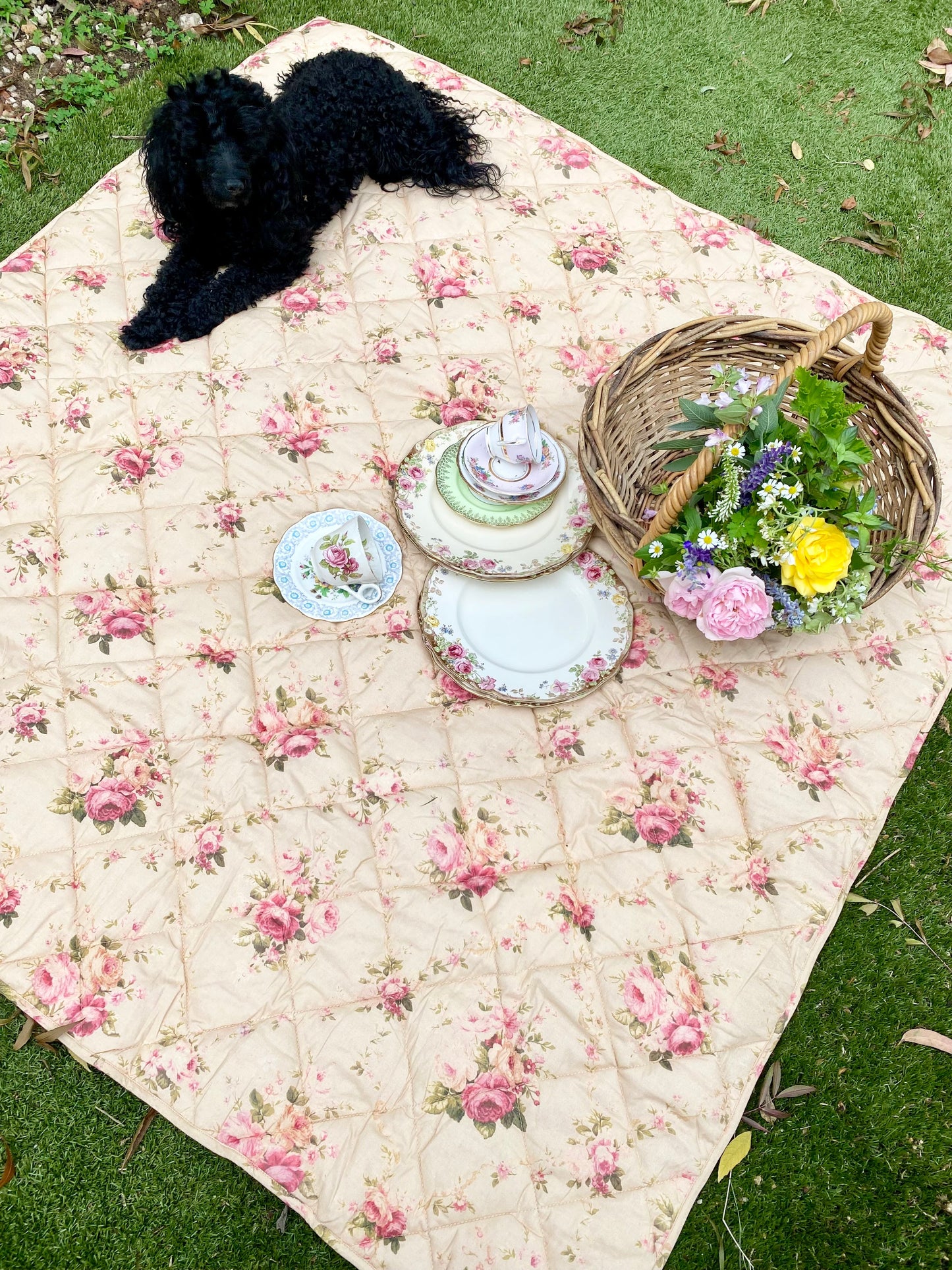 Garden Party quilted Throw . Petite Fleur print with vintage pink check reversible back