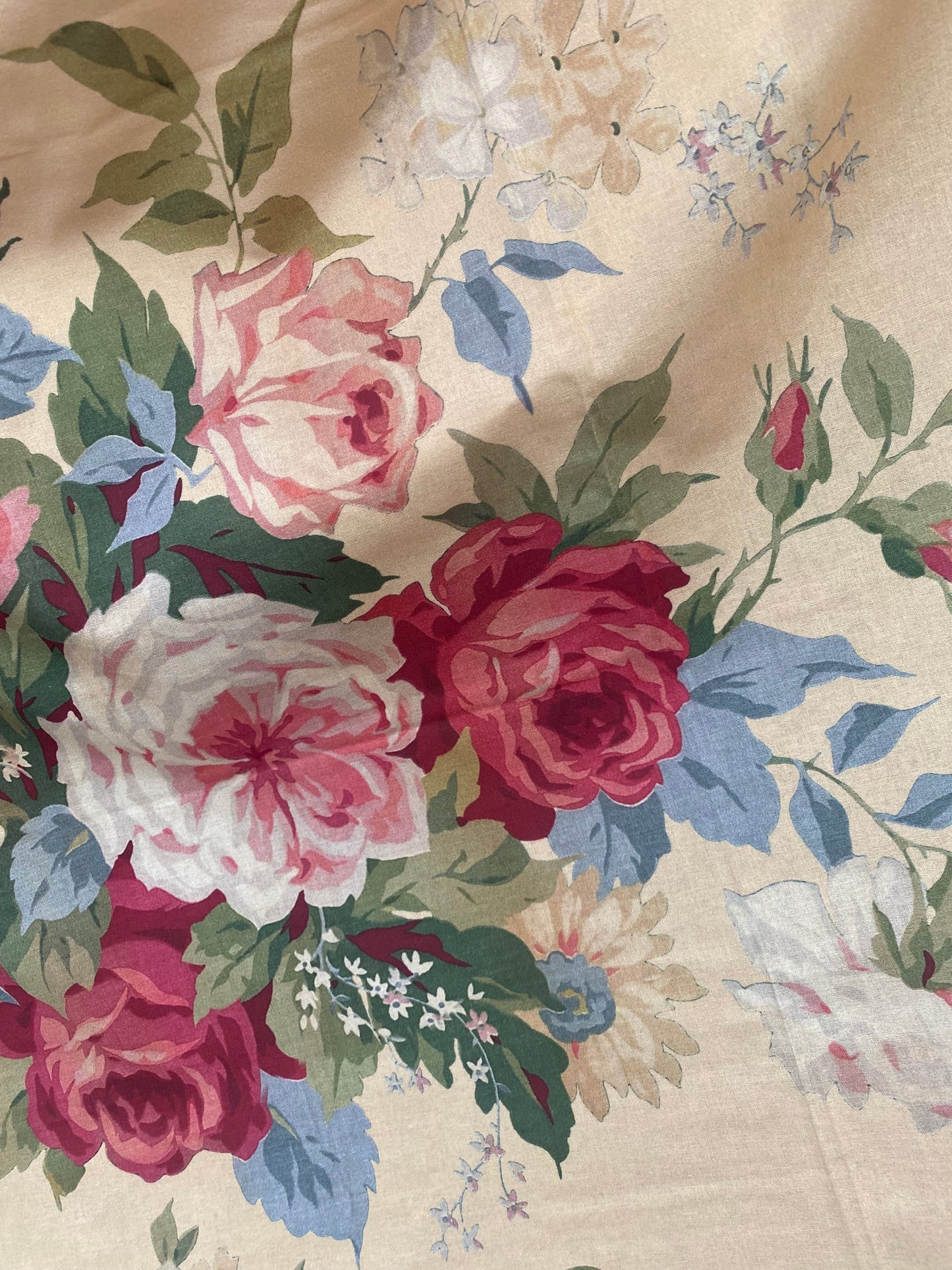 Poetry of Flowers Fabric Collection. Garden Party Rose Bouquet . Custard Cream background.