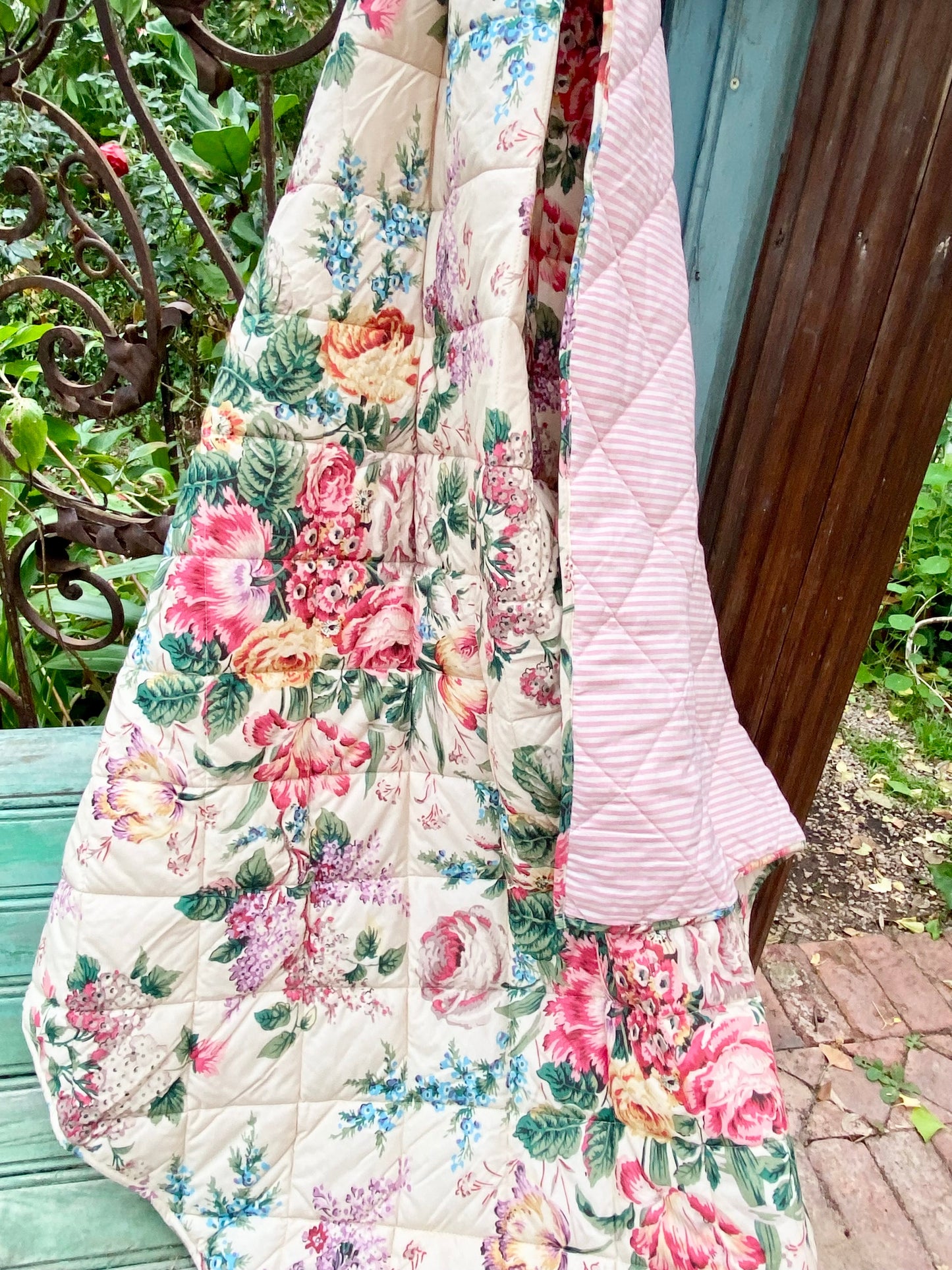 Garden Party Quilted Throw . Florist Botanical print / striped reversable backing