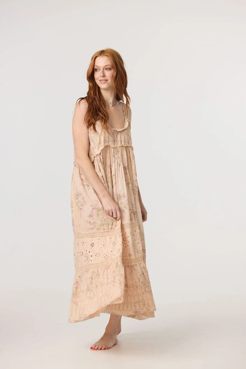 Madrigal Embroidered Floral & Lace maxi dress. Faded rose print.