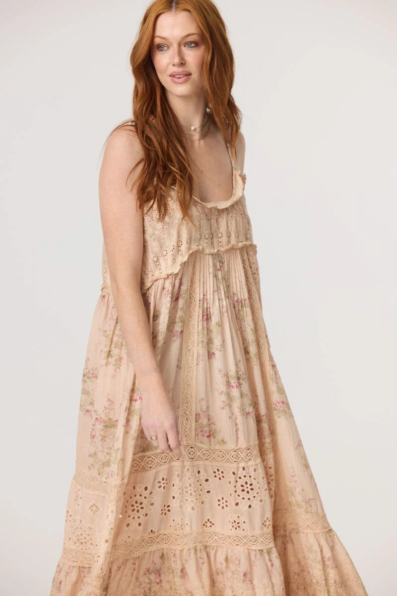Madrigal Embroidered Floral & Lace maxi dress. Faded rose print.