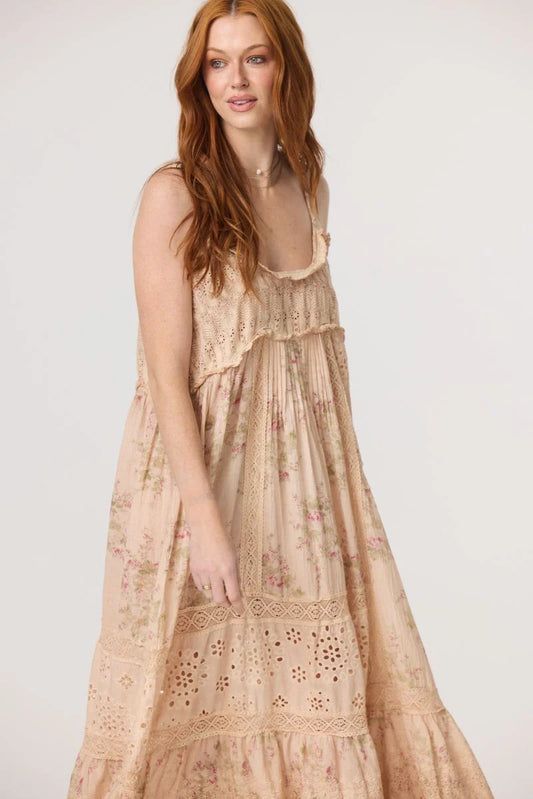 Madrigal Embroidered Floral & Lace maxi dress. Faded rose print.