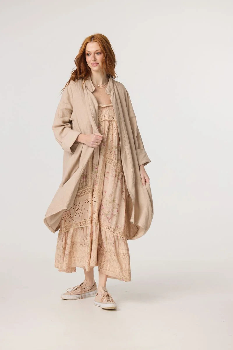 Madrigal Embroidered Floral & Lace maxi dress. Faded rose print.