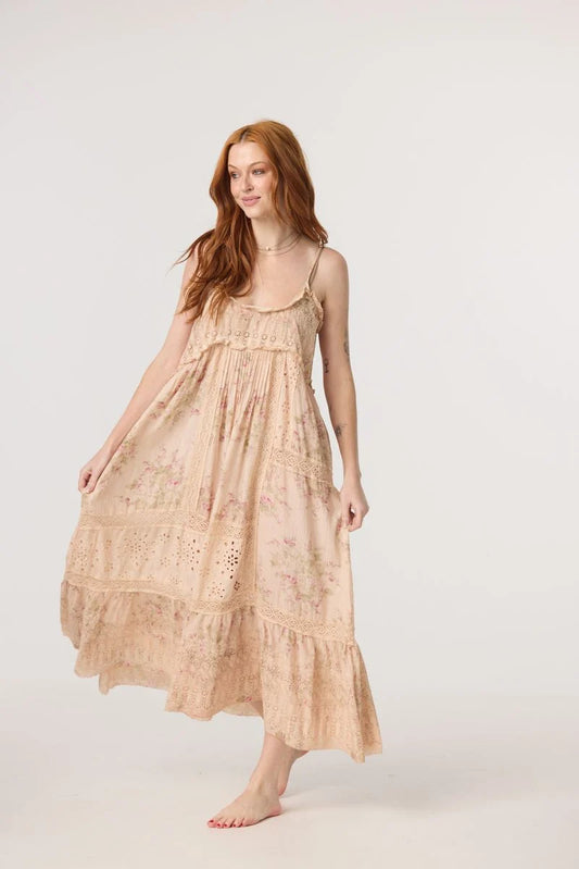 Madrigal Embroidered Floral & Lace maxi dress. Faded rose print.