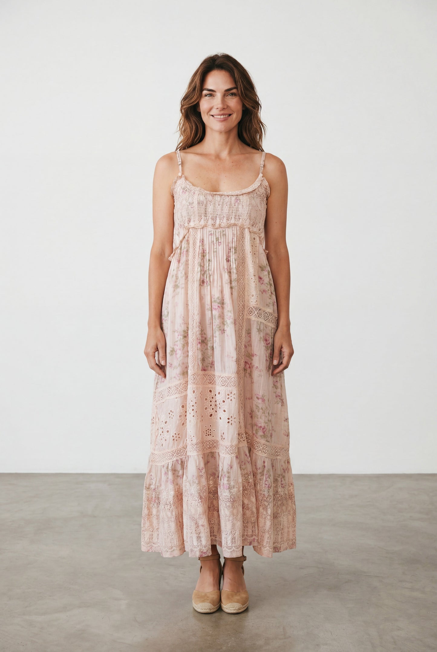 Madrigal Embroidered Floral & Lace maxi dress. Faded rose print.